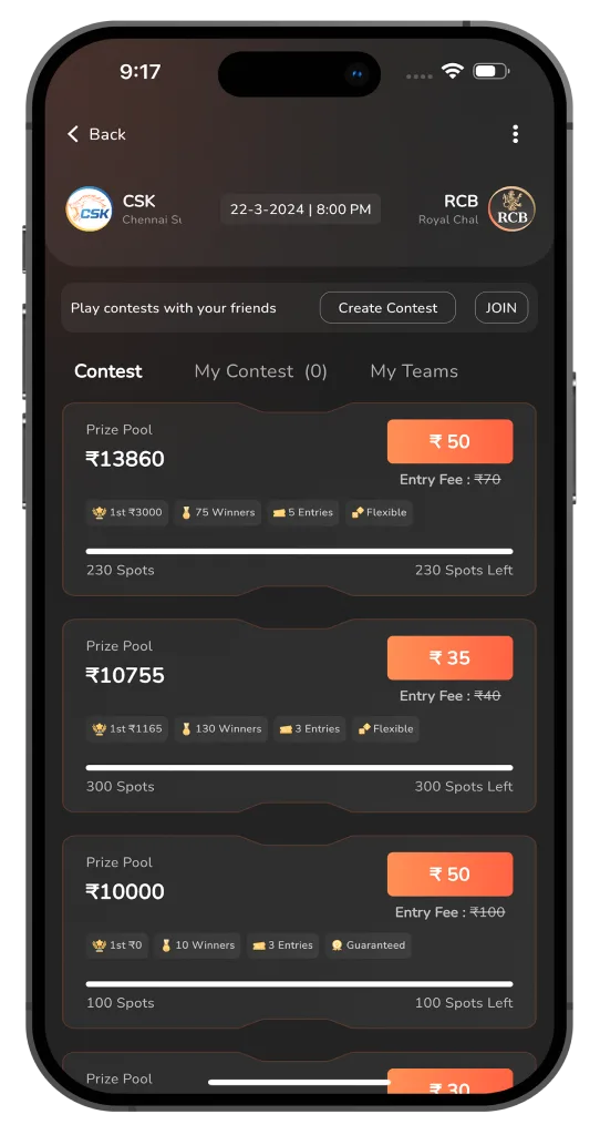 Six Dreams contest listing screen