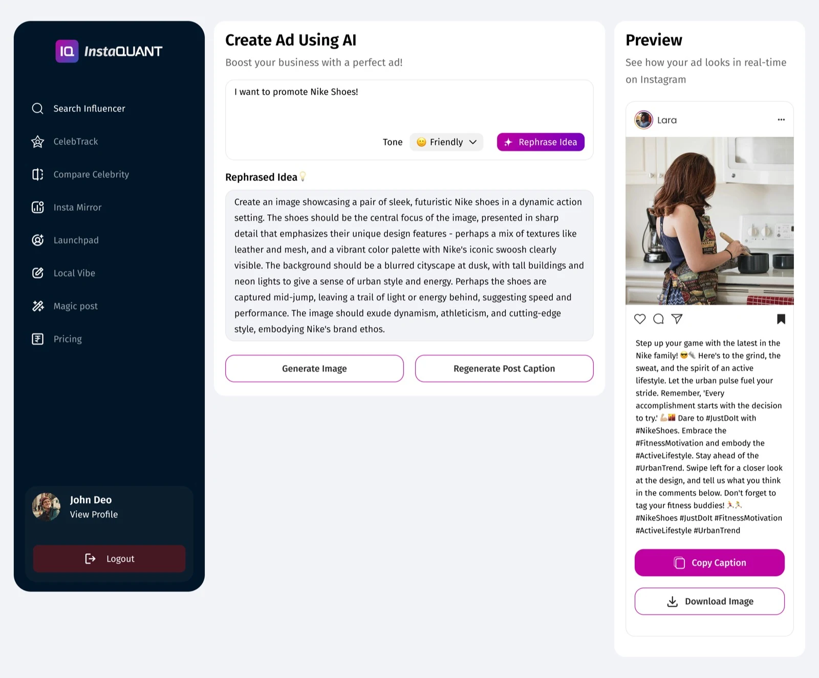 InstaQUANT AI ad creation screen with rephrased concept, image-generation prompts, and Instagram preview panel