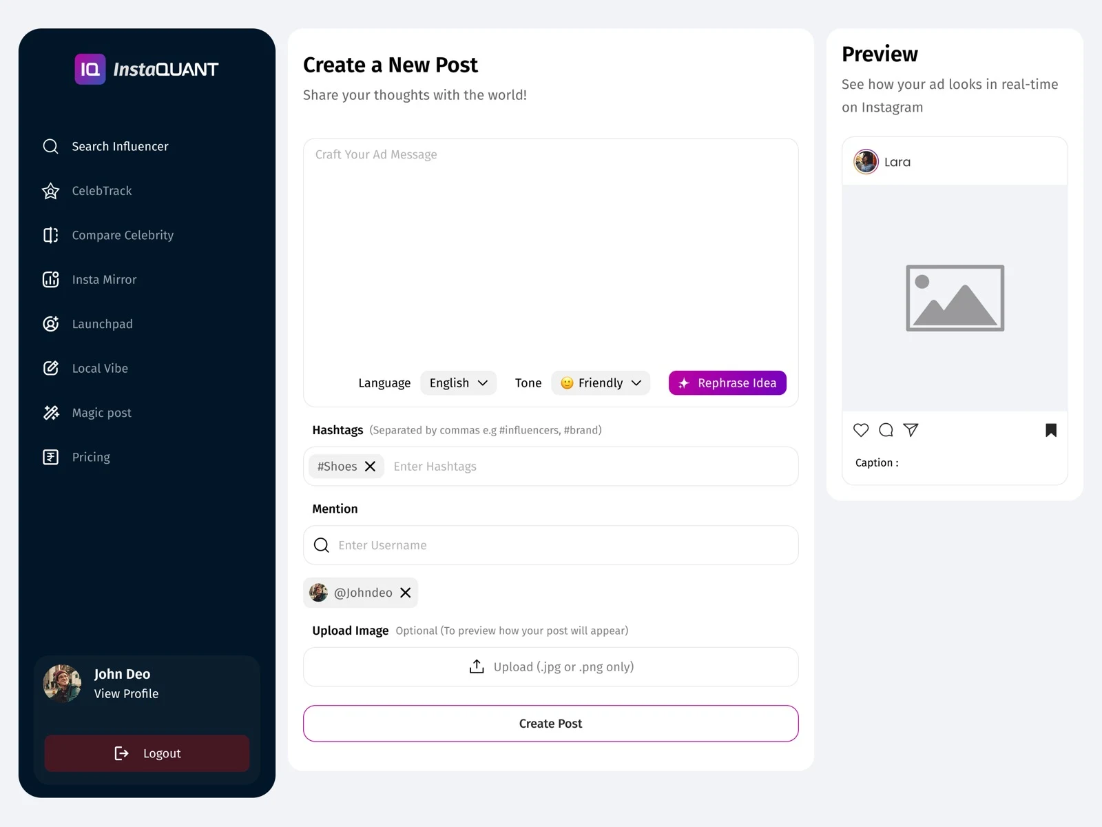 InstaQUANT Magic Post workflow with caption prompt entry, language selection, mention and hashtag fields, and live Instagram preview