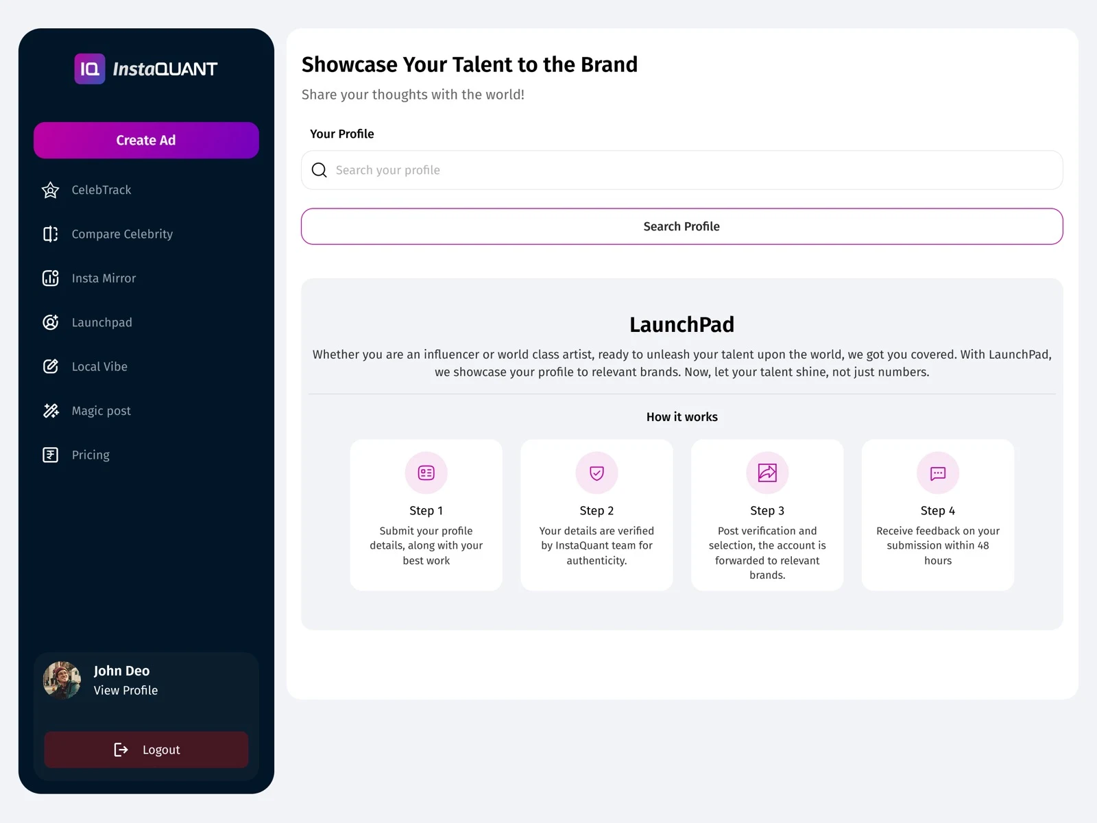 InstaQUANT LaunchPad overview screen explaining creator submission steps and brand visibility workflow