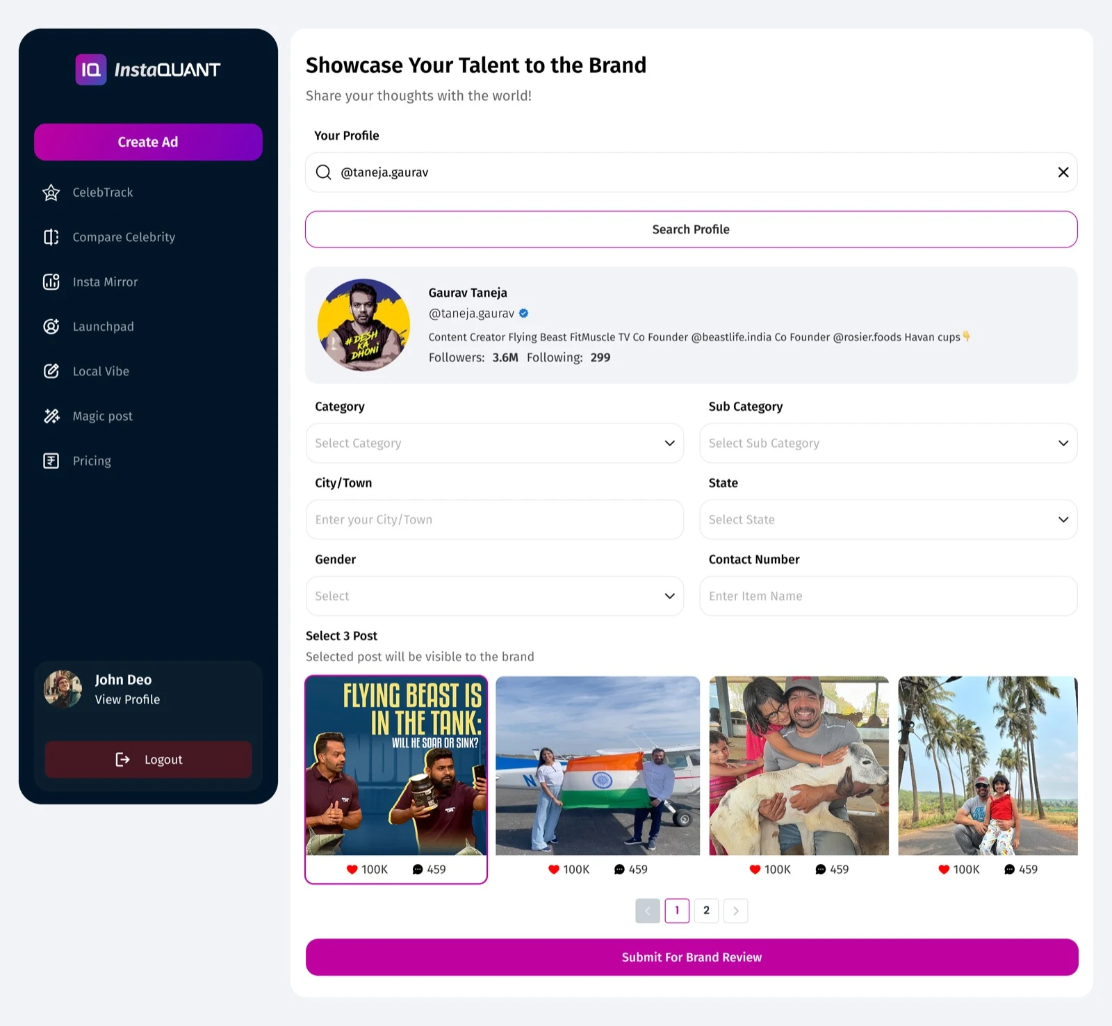 InstaQUANT LaunchPad creator submission flow with profile lookup, category fields, city details, post selection, and brand submission CTA