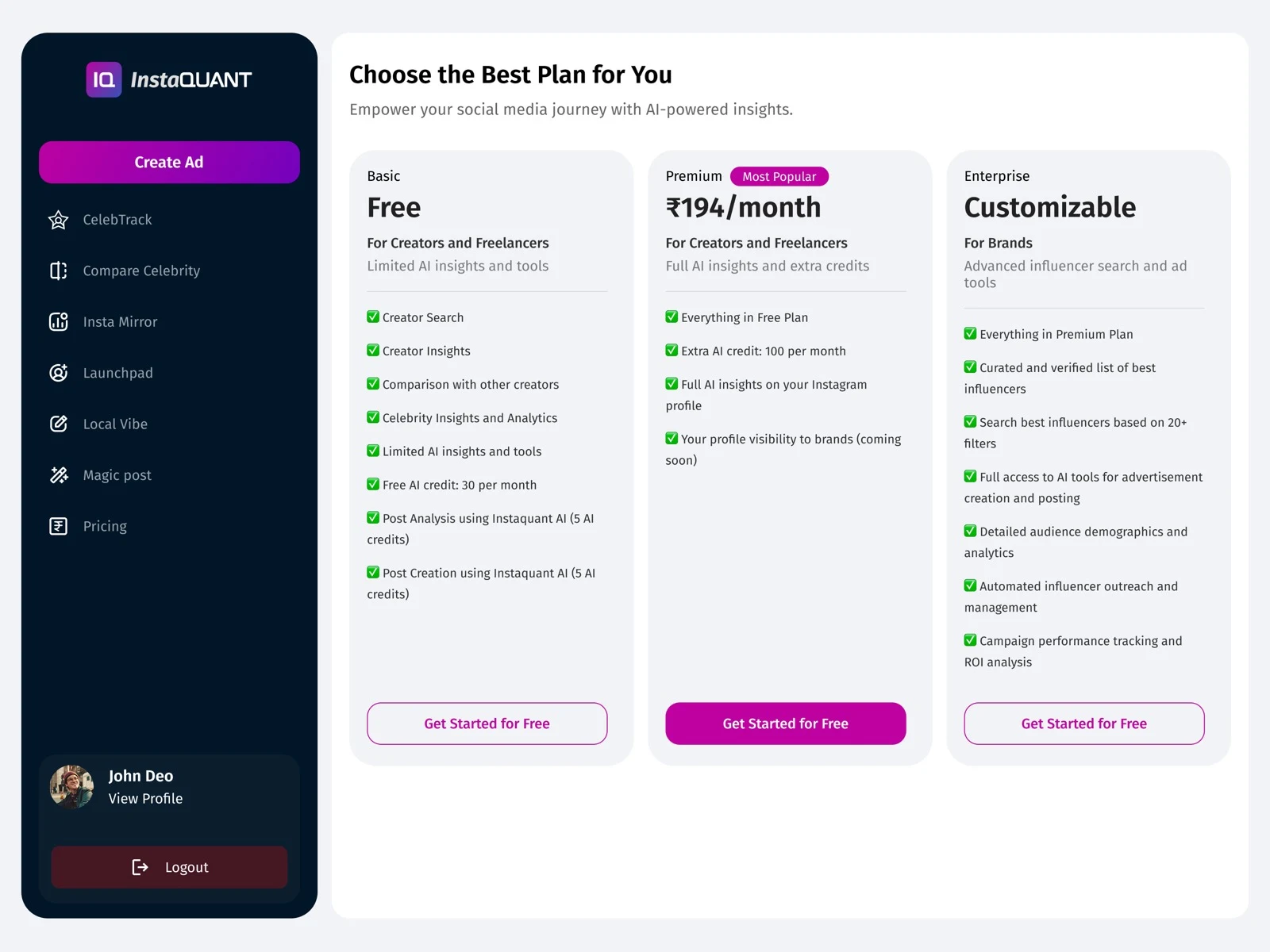 InstaQUANT pricing page comparing free, premium, and enterprise plans for creators, freelancers, and brands