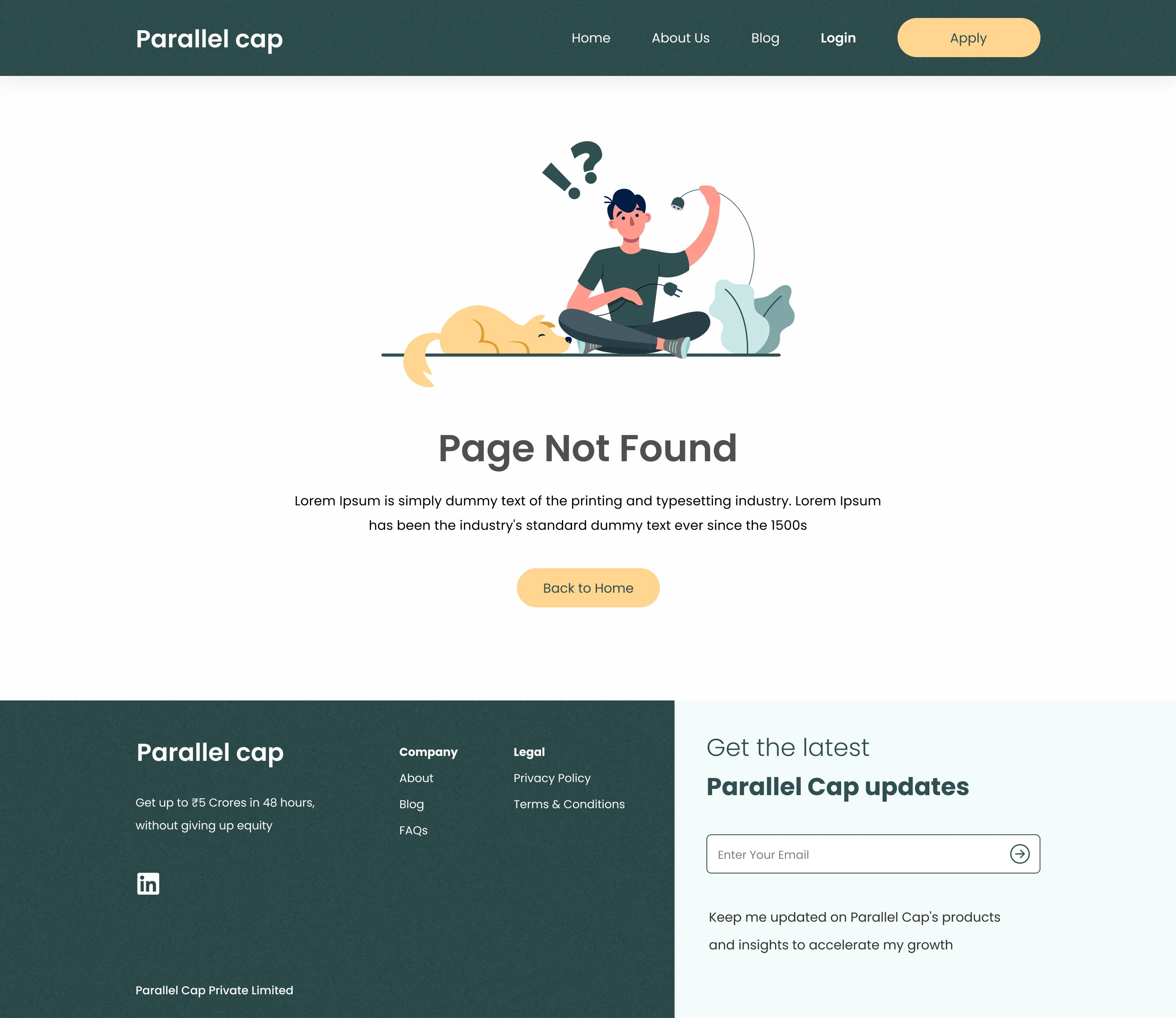 Parallel Cap branded 404 page for the public website