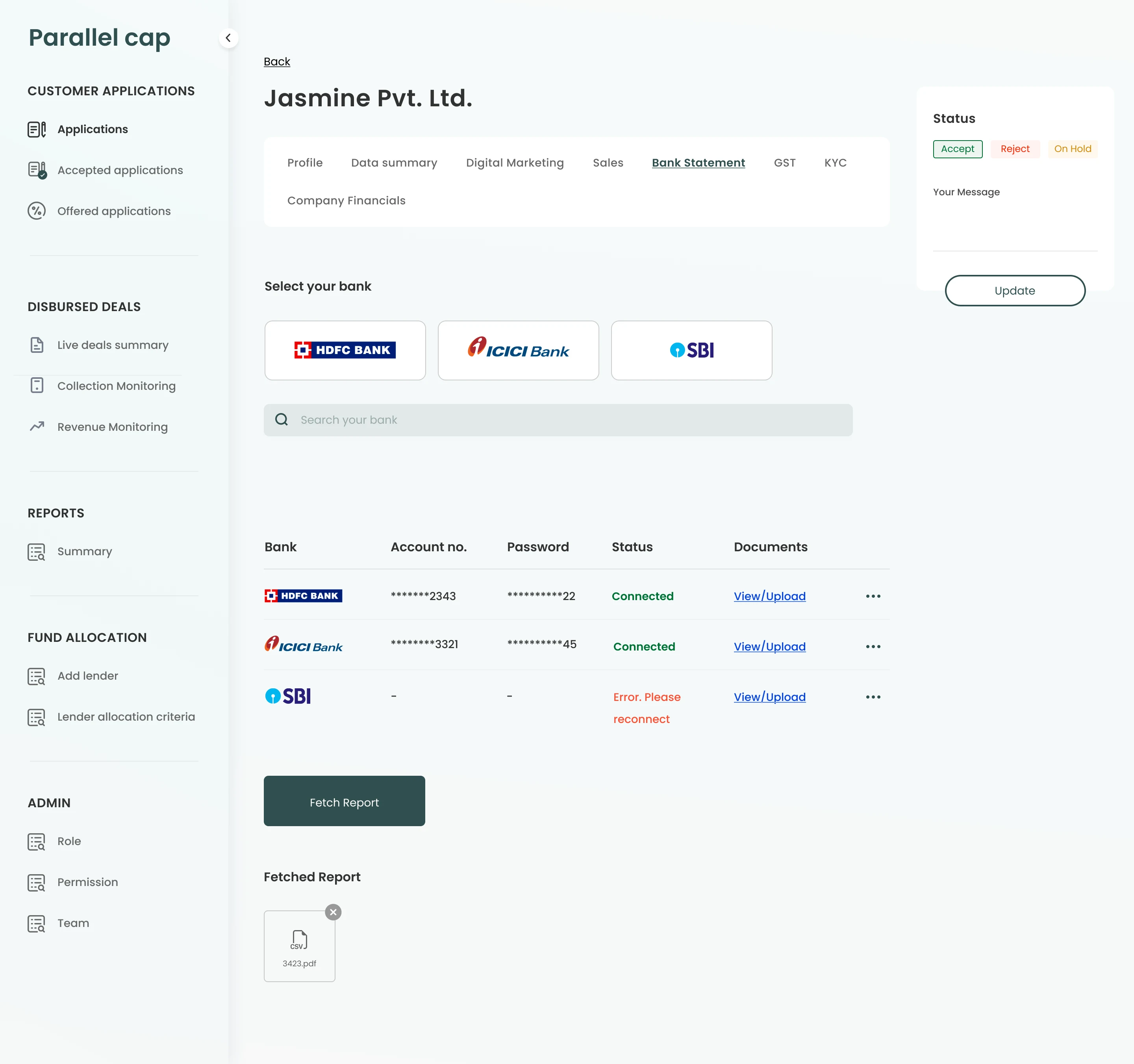 Parallel Cap bank statement connection screen with bank selection and fetched reports