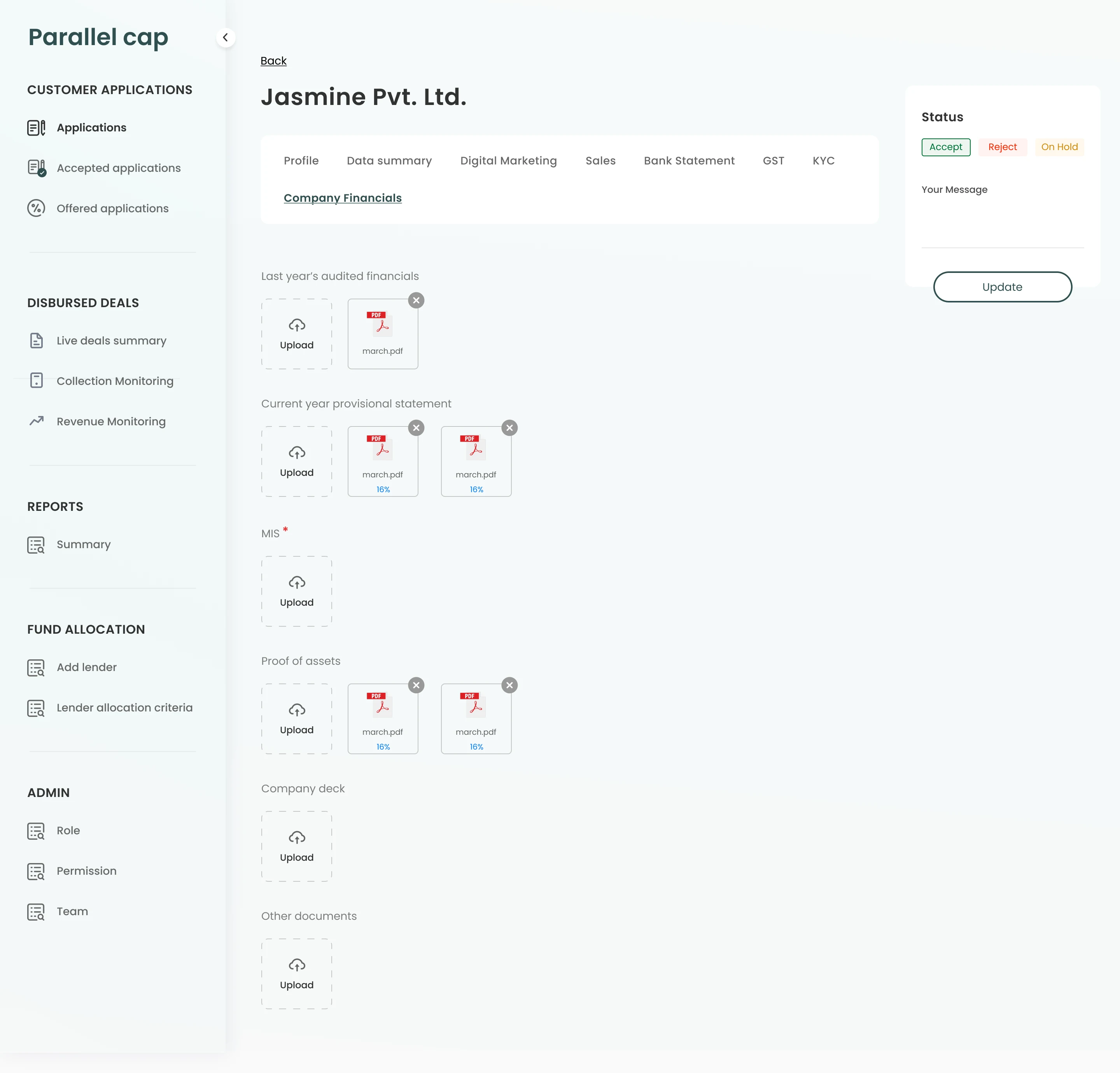 Parallel Cap company financials upload screen for statements and supporting documents