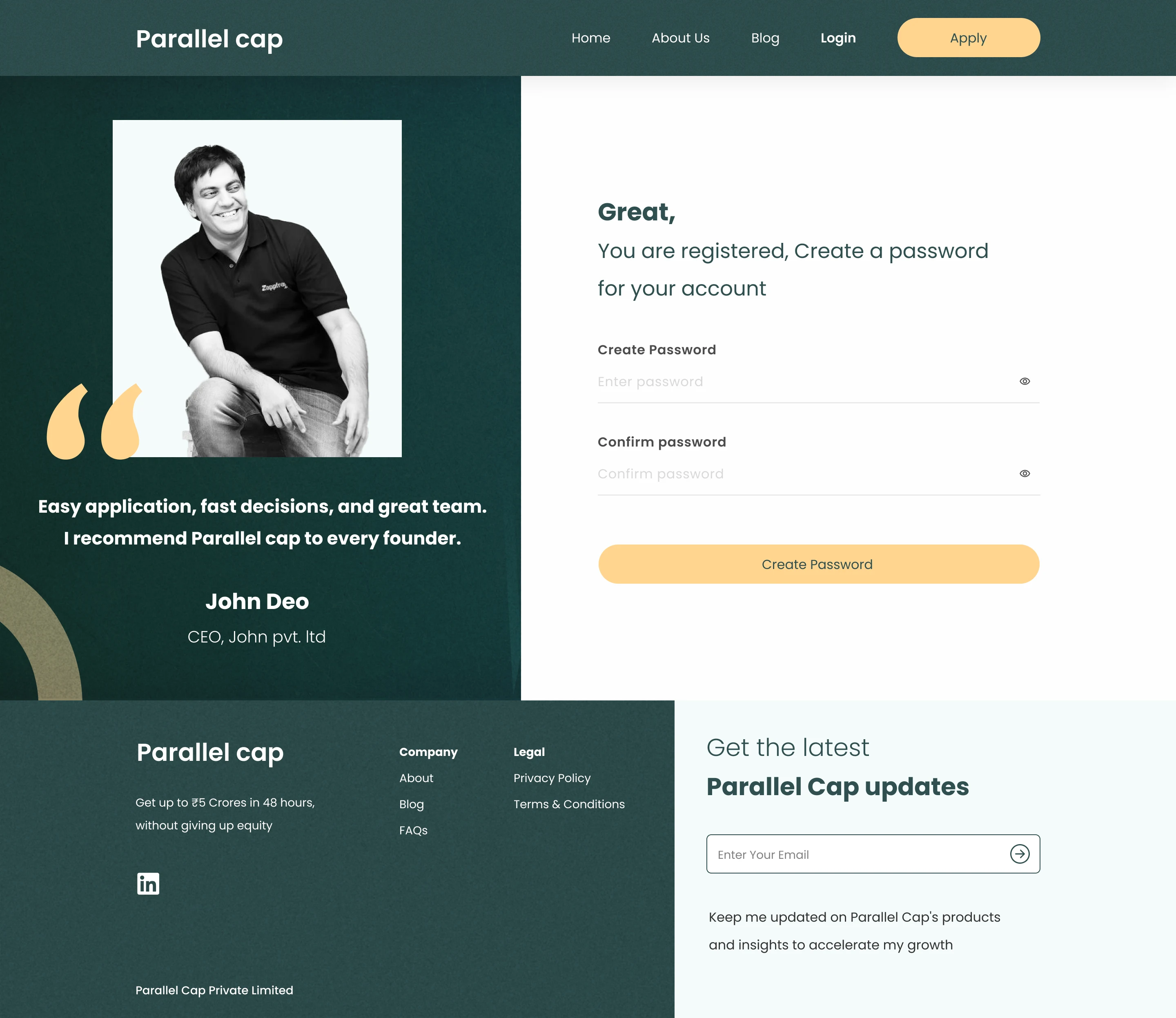 Parallel Cap create password screen after successful registration