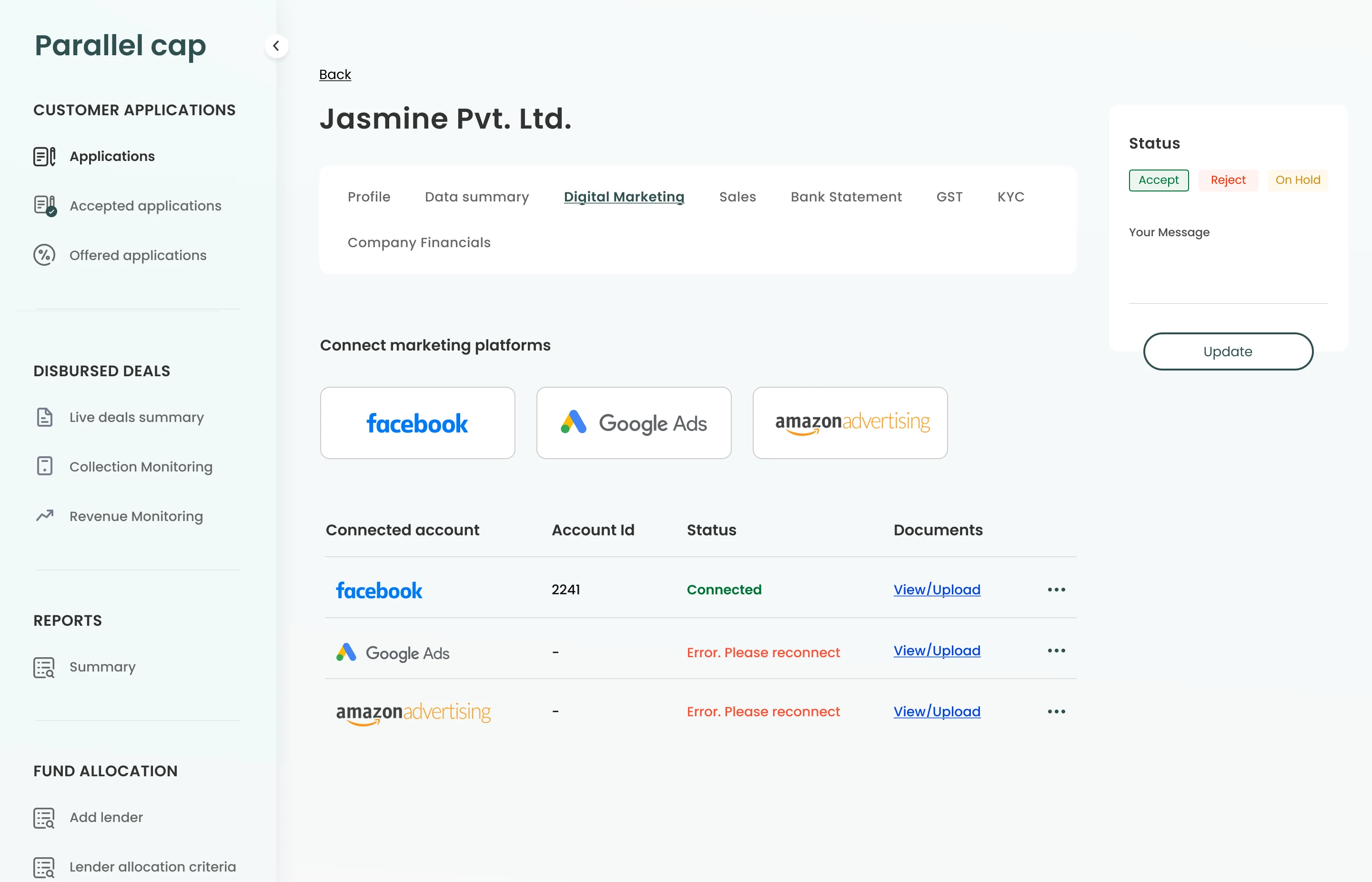 Parallel Cap digital marketing connection screen with platform status and documents
