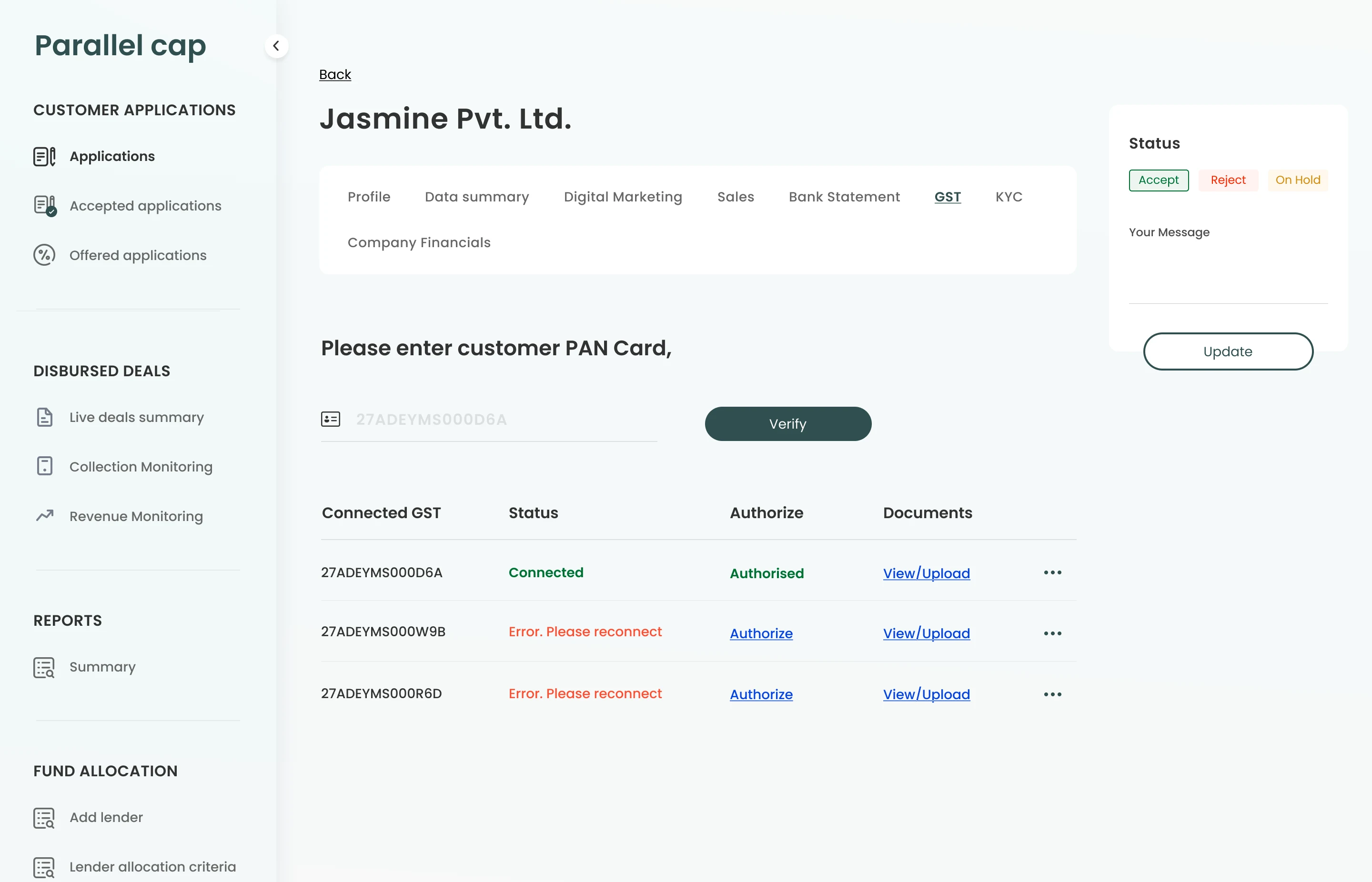 Parallel Cap GST verification screen with connected GST records and authorization states