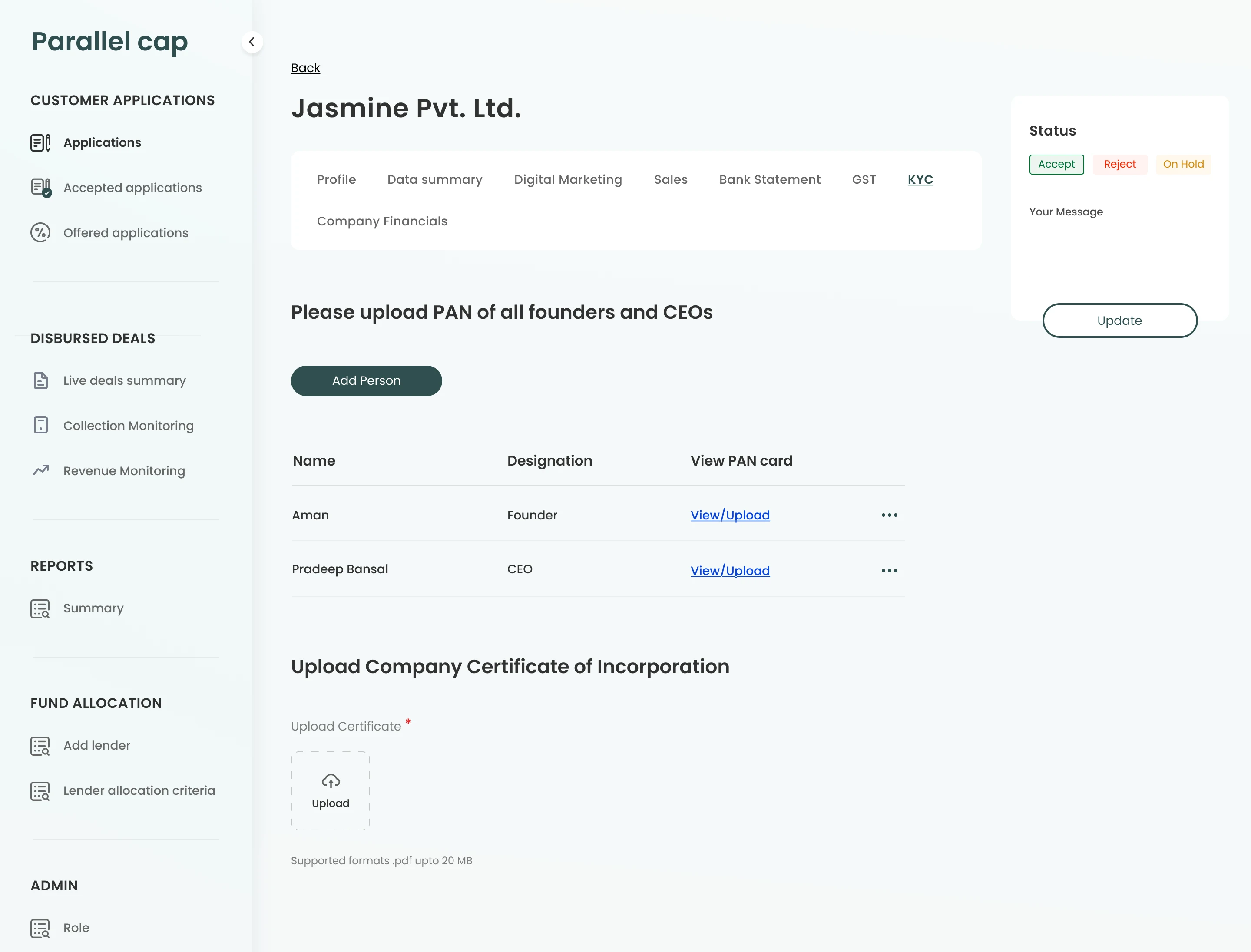 Parallel Cap KYC screen for founder PAN uploads and certificate submission
