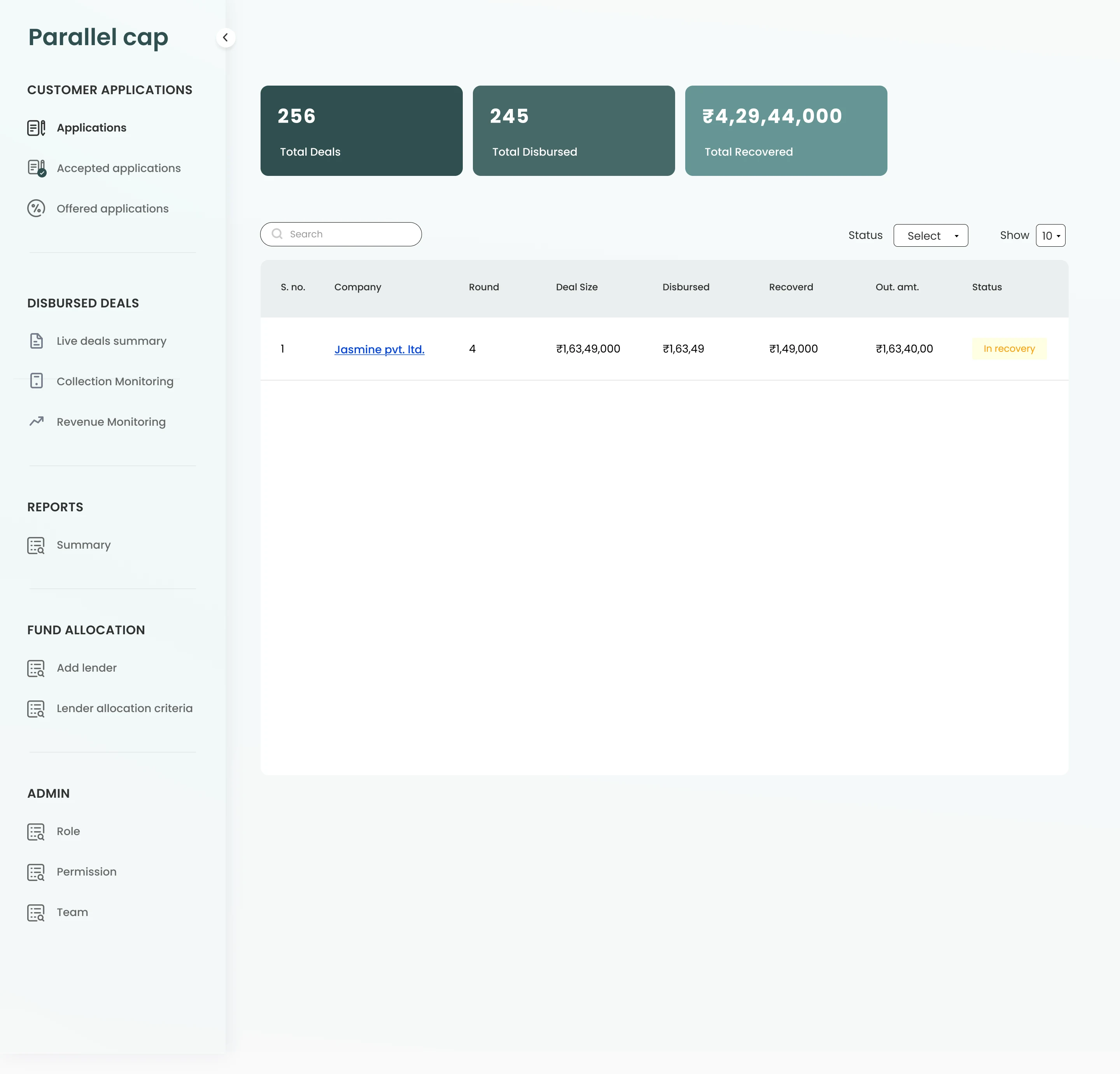 Parallel Cap live deals summary dashboard with deal tracking table and recovery status