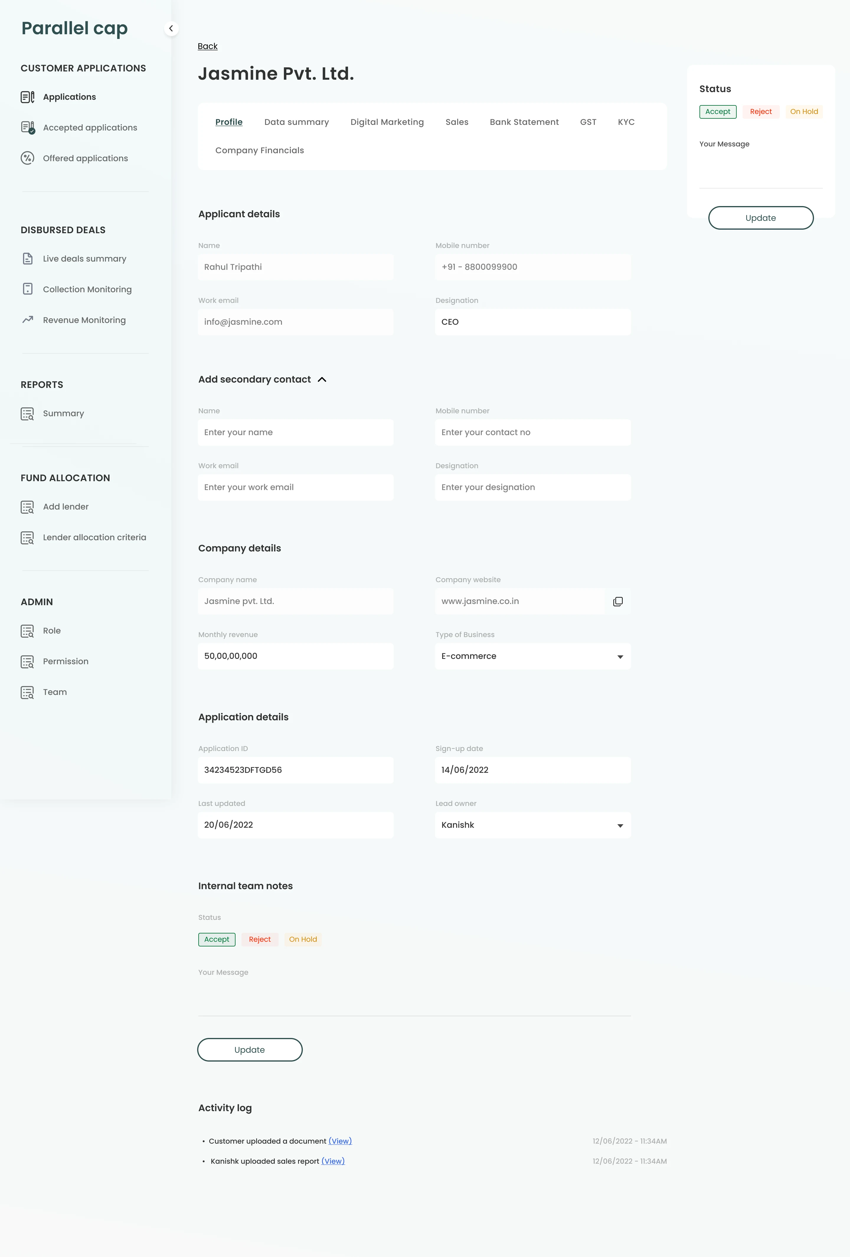 Parallel Cap application profile screen with applicant, company, and application details