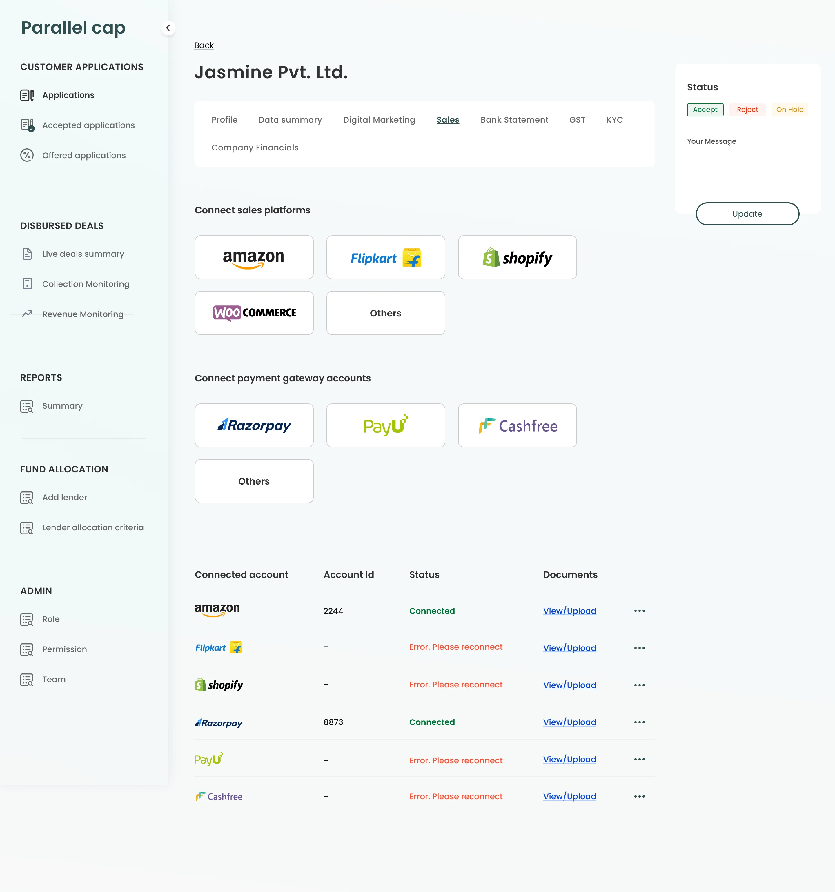 Parallel Cap sales connection screen with connected ecommerce and payment accounts