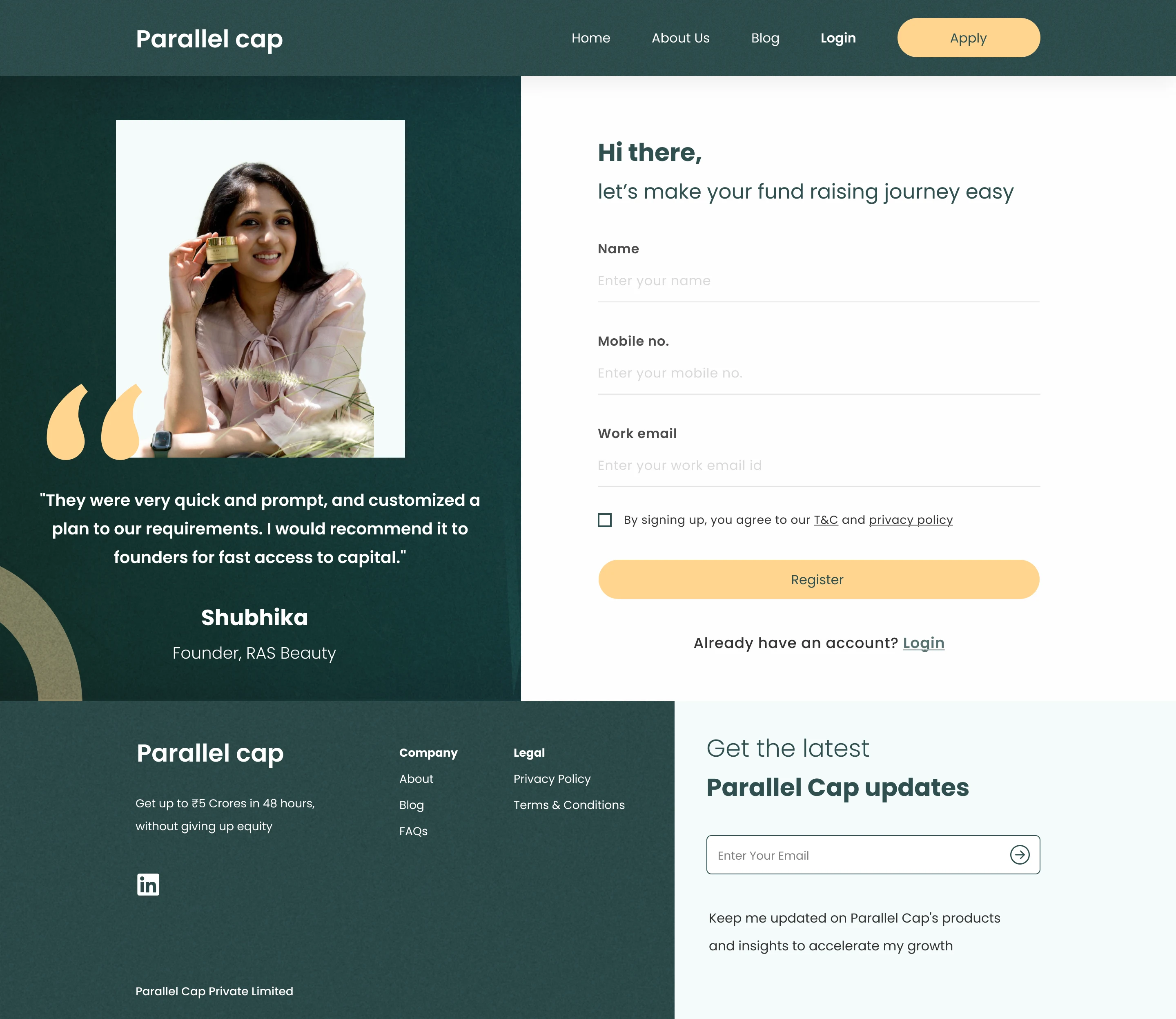 Parallel Cap founder registration page for starting the funding journey