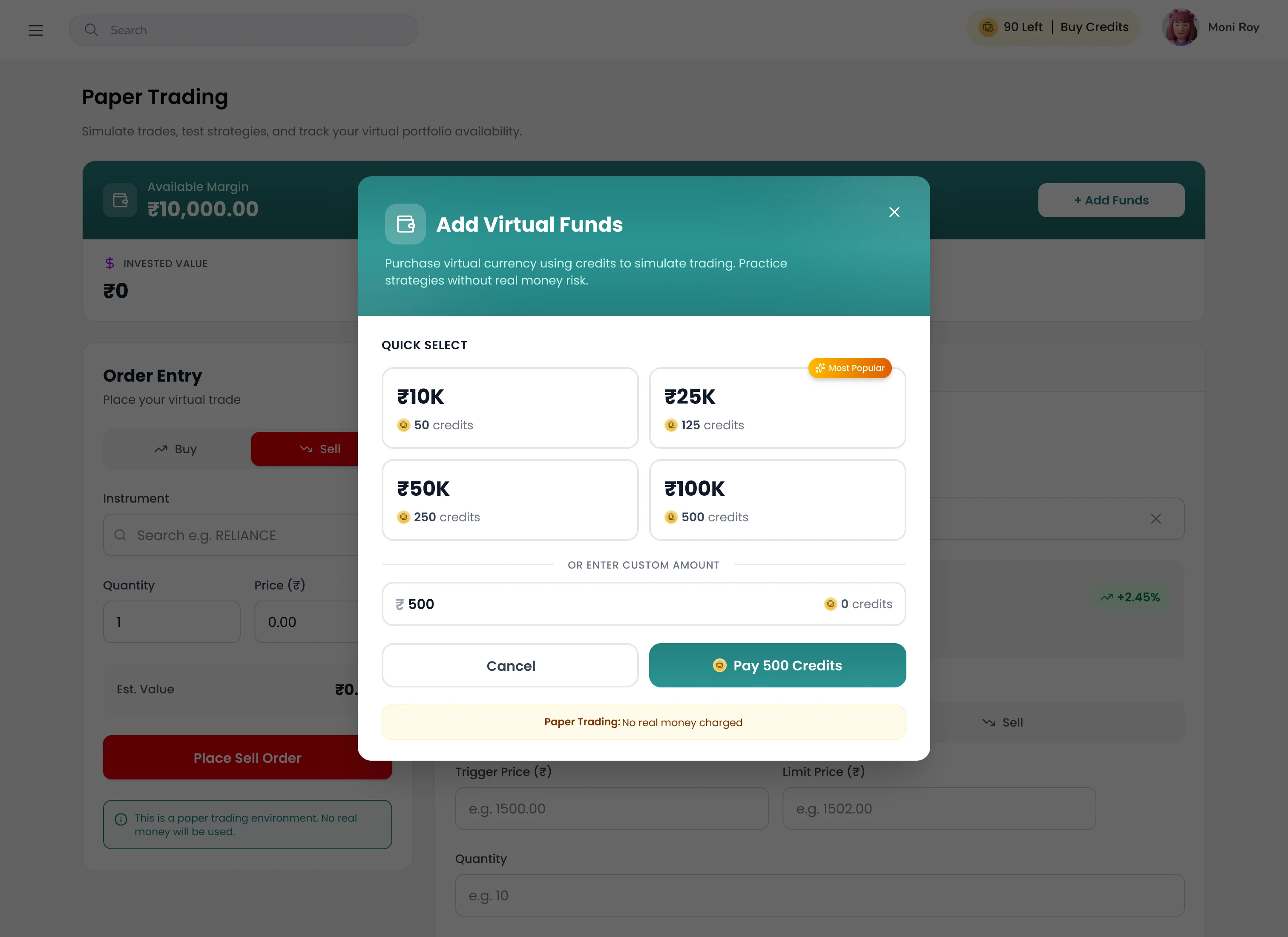 QntAIfy paper trading add funds modal for virtual portfolio testing