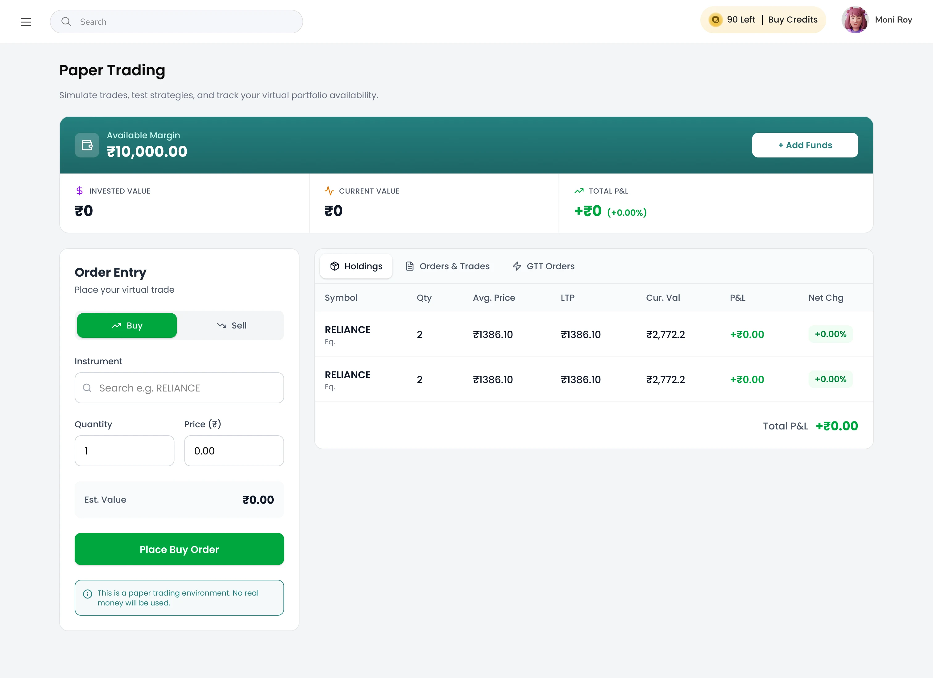 QntAIfy paper trading workspace with order entry and holdings table
