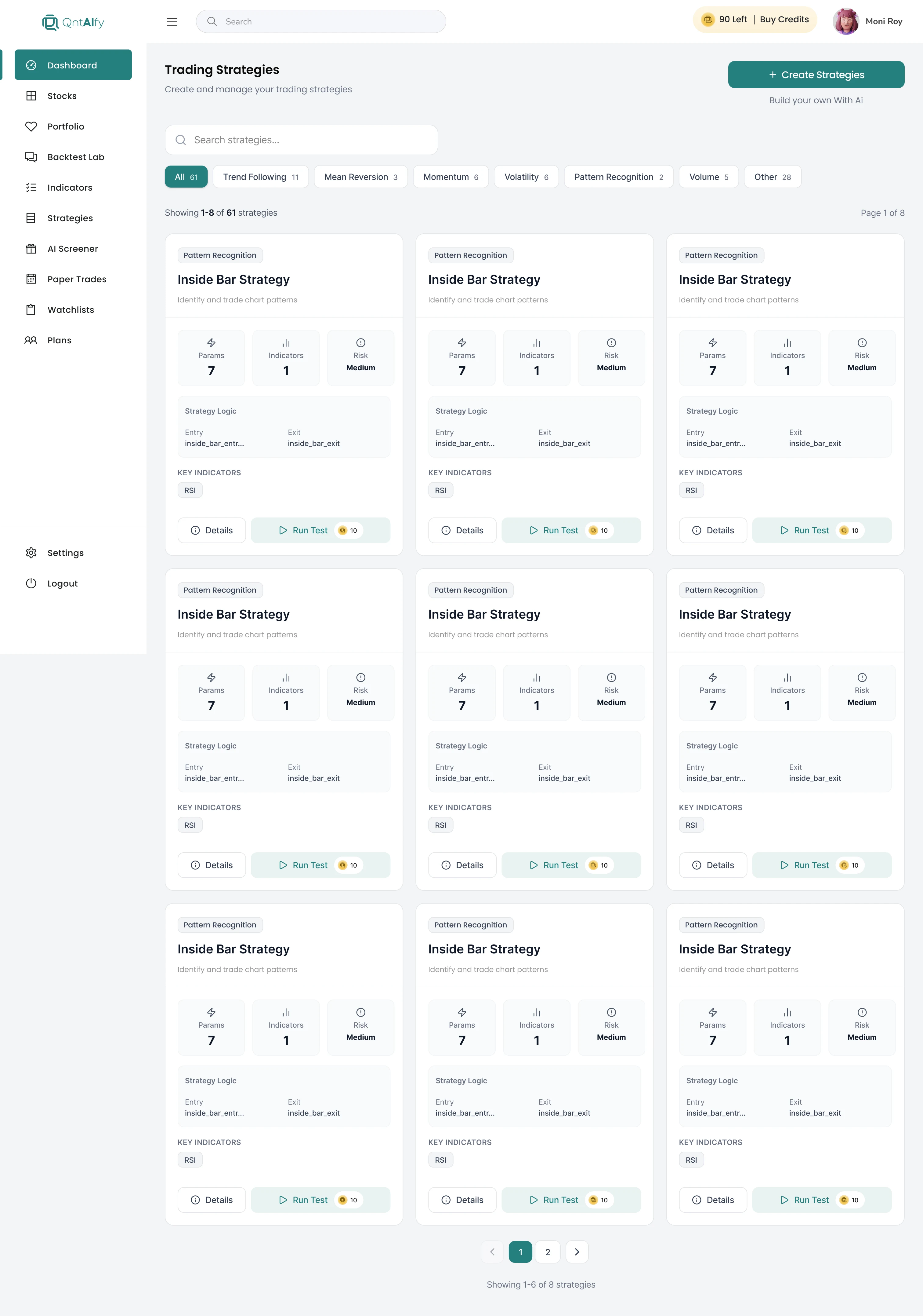 QntAIfy trading strategies page with searchable strategy cards and filters