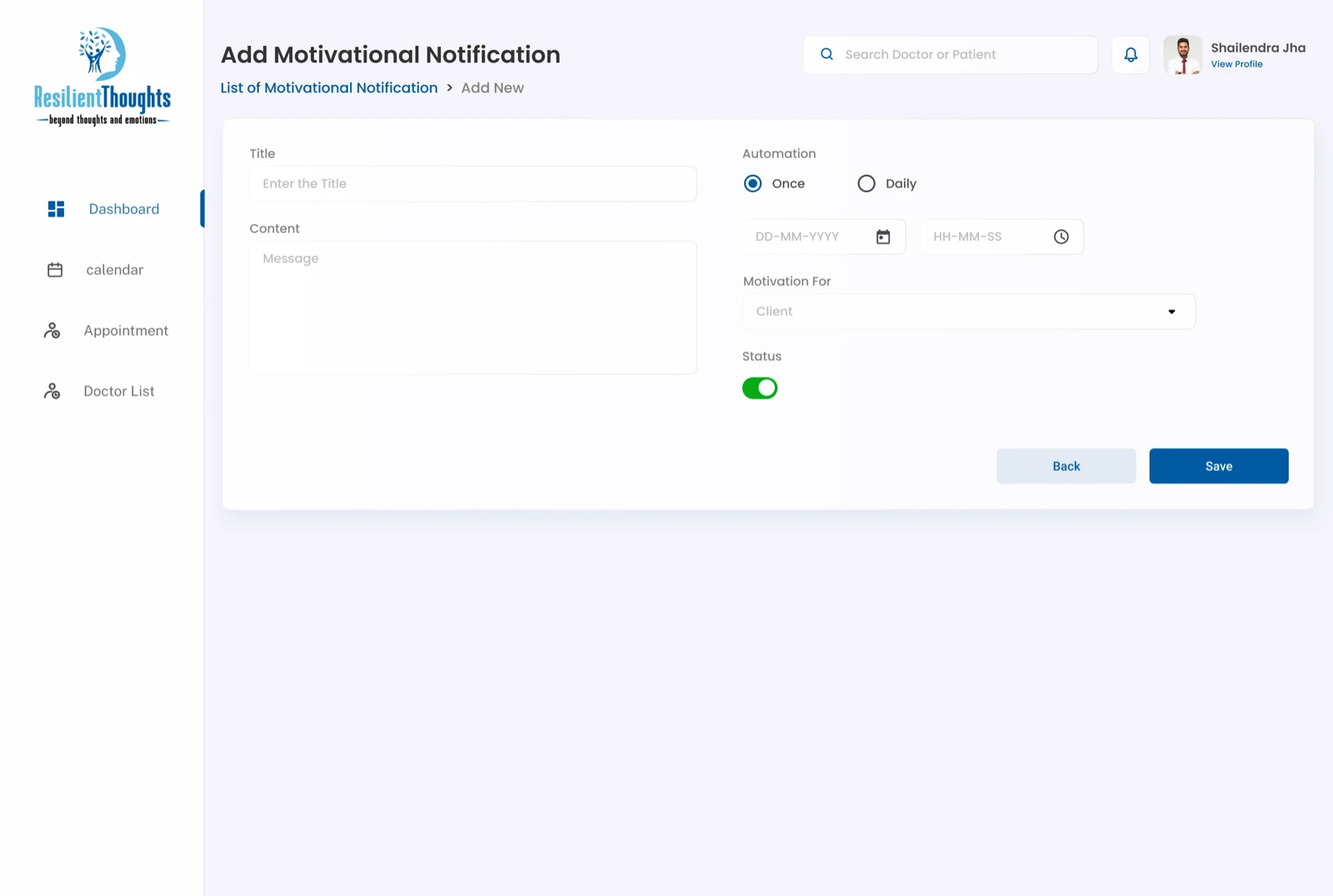 Resilient Thoughts admin add motivational notification topic screen