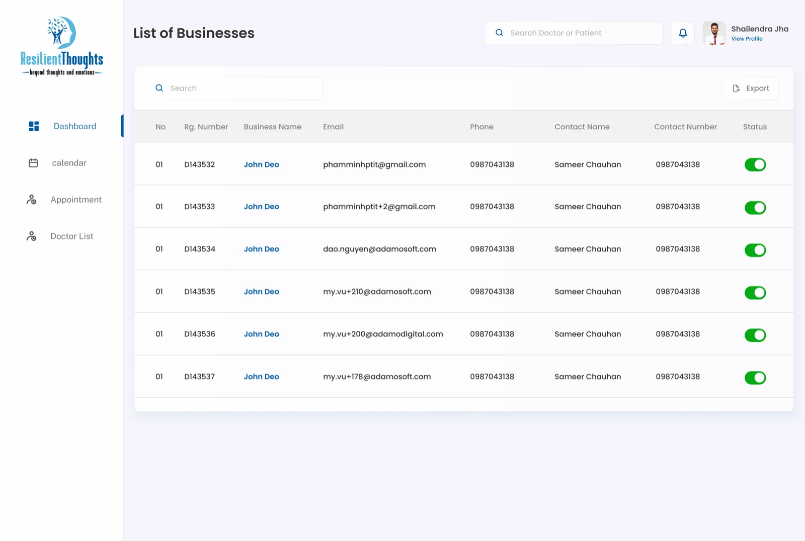 Resilient Thoughts admin business list screen