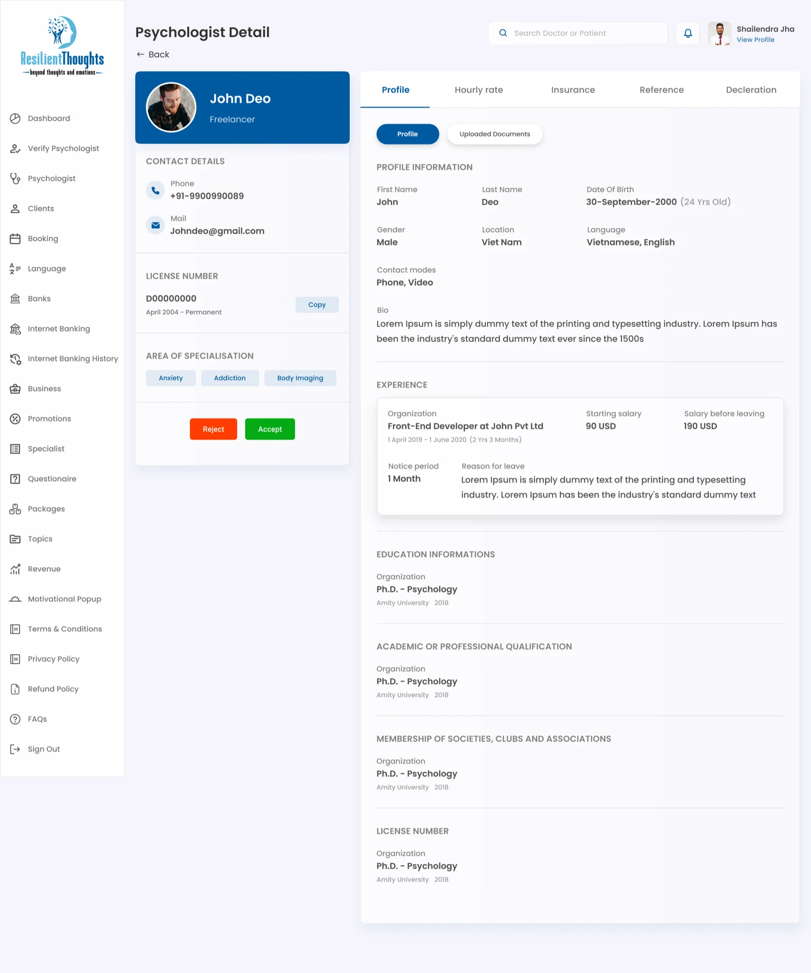 Resilient Thoughts admin psychologist detail profile review screen