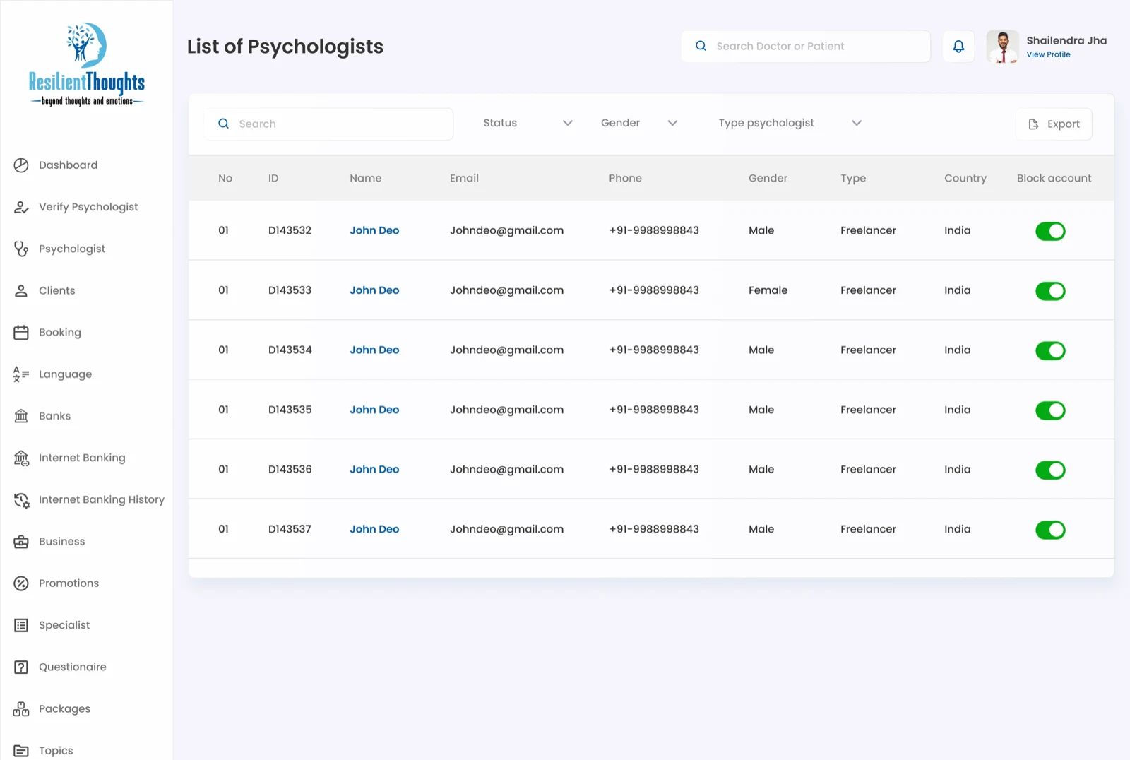 Resilient Thoughts admin psychologist list with filters and block controls