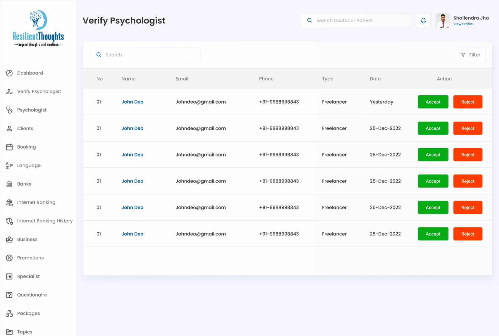 Resilient Thoughts admin verify psychologist list with accept and reject actions