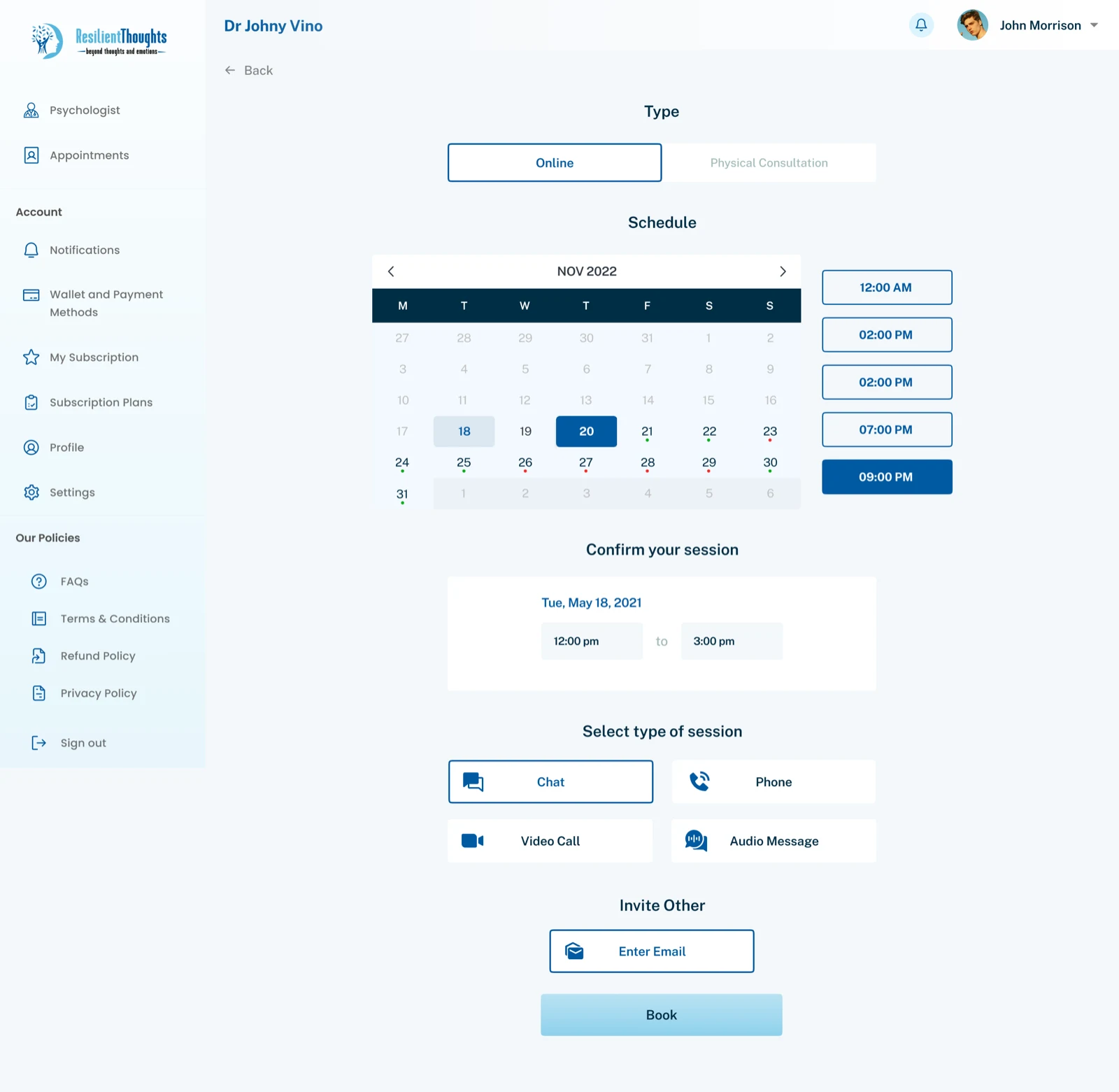 Resilient Thoughts booking history and review screen for previous sessions