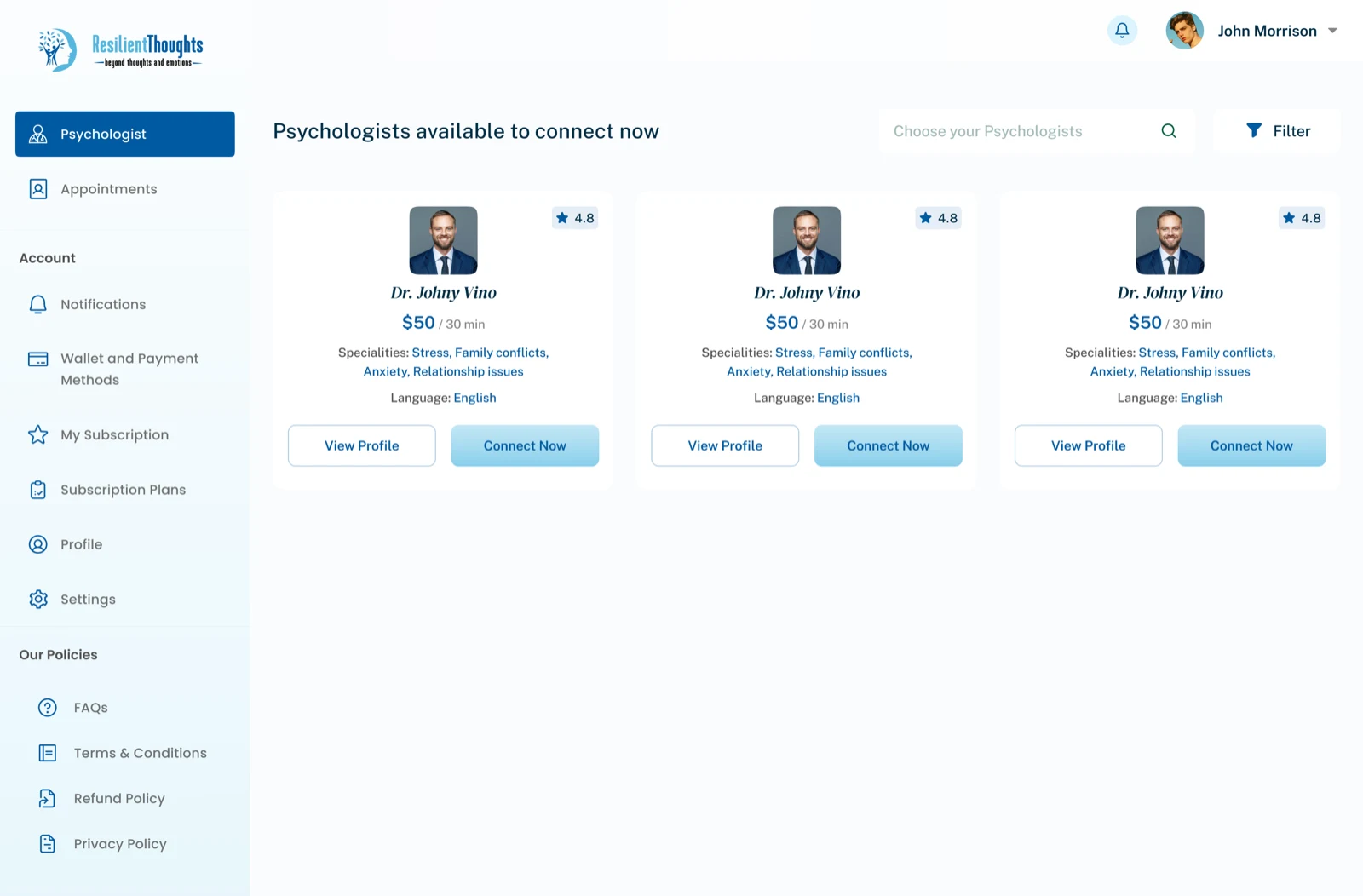 Resilient Thoughts instant connect psychologist listing for immediate support
