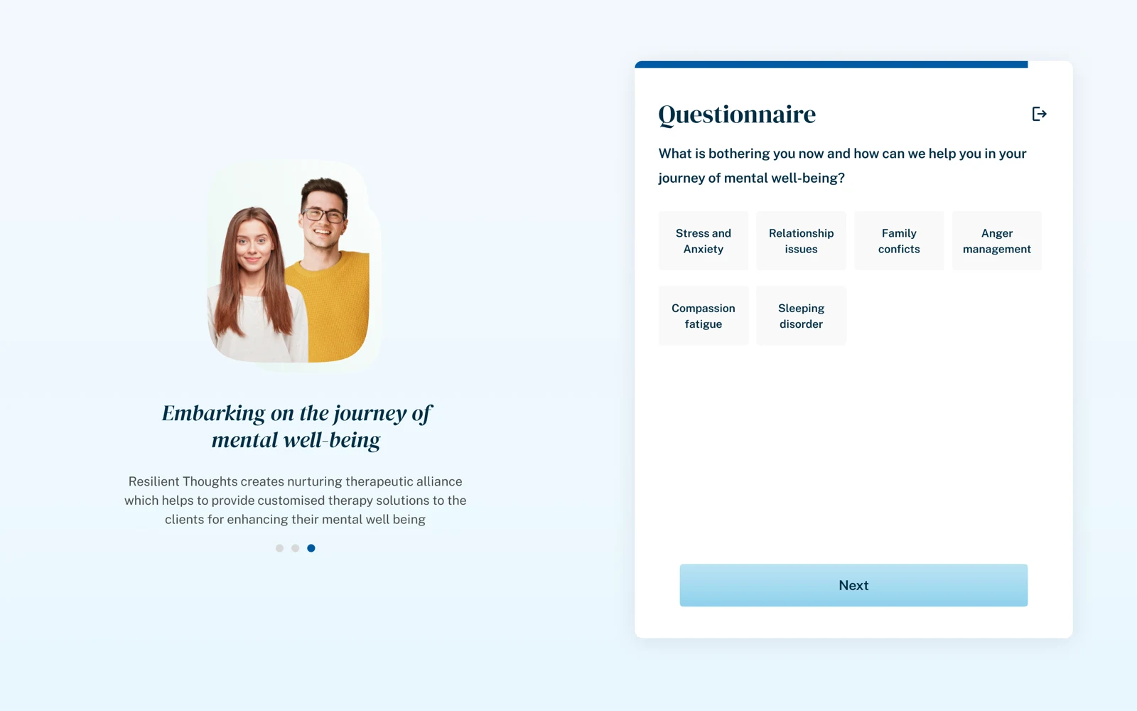 Resilient Thoughts client dashboard showing psychologists available to connect now