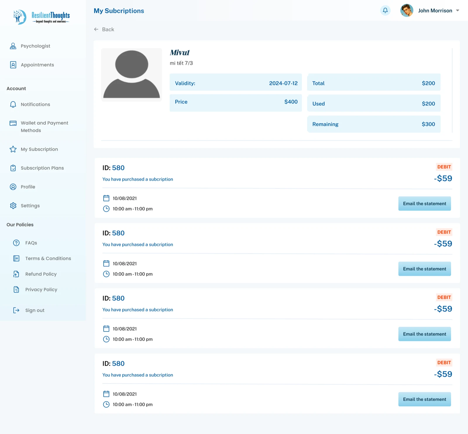 Resilient Thoughts subscription overview screen with usage and transaction details