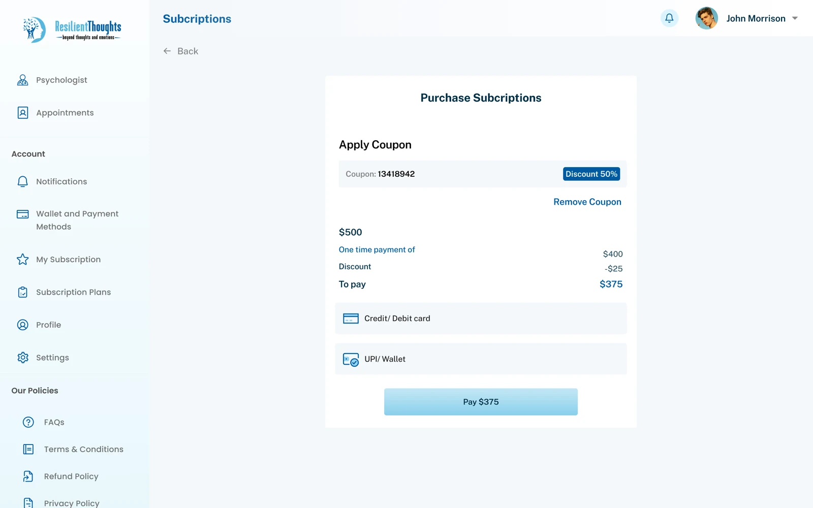 Resilient Thoughts purchase subscription screen with coupon and payment methods