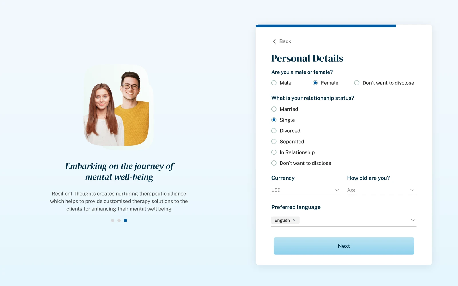 Resilient Thoughts mental wellness questionnaire with issue selection cards