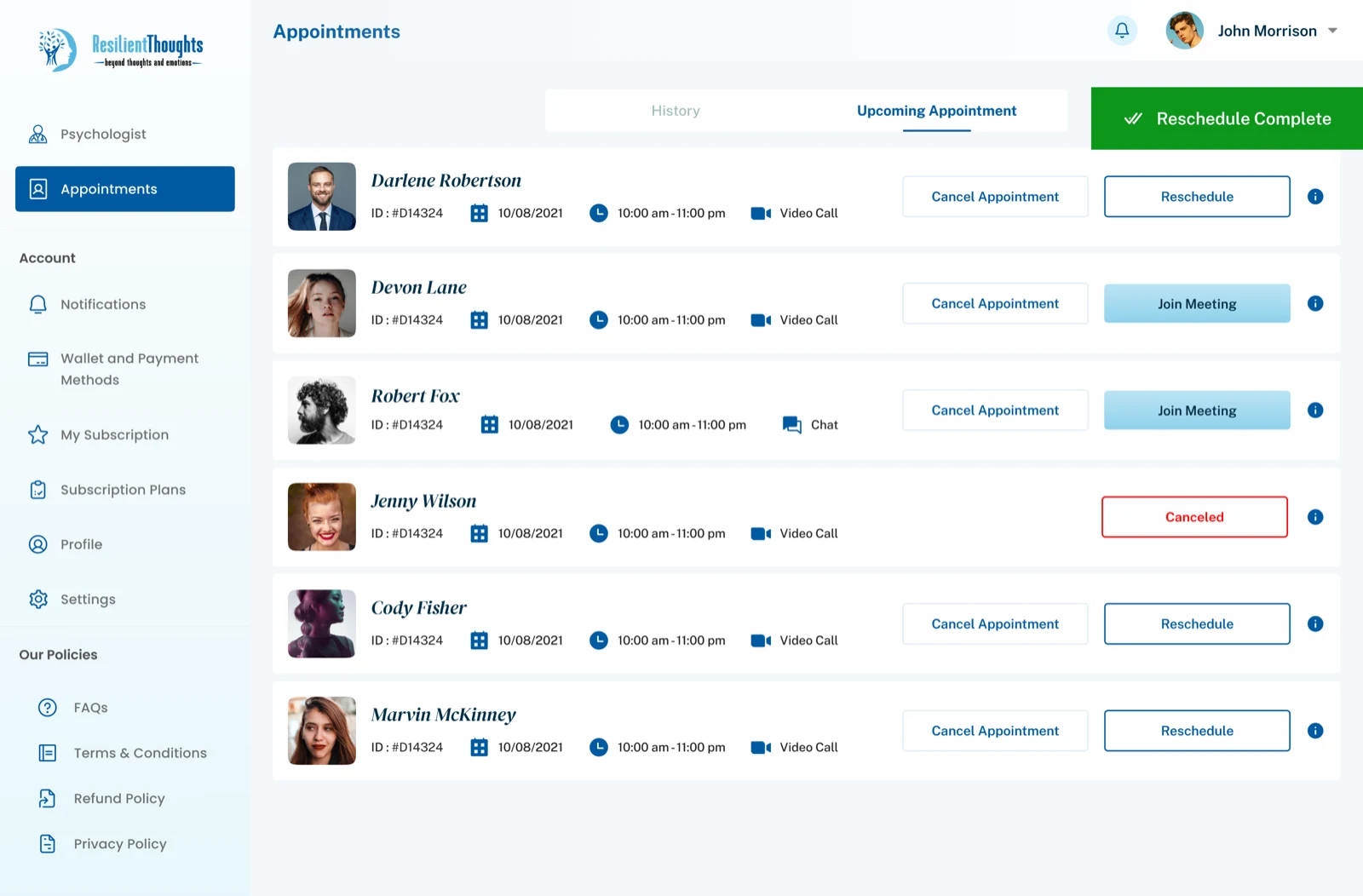Resilient Thoughts upcoming appointments list with reschedule confirmation state