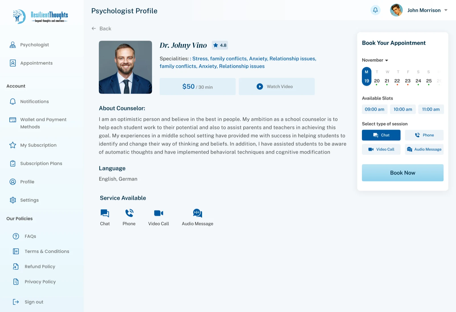 Resilient Thoughts appointment reschedule screen with new calendar and session selection