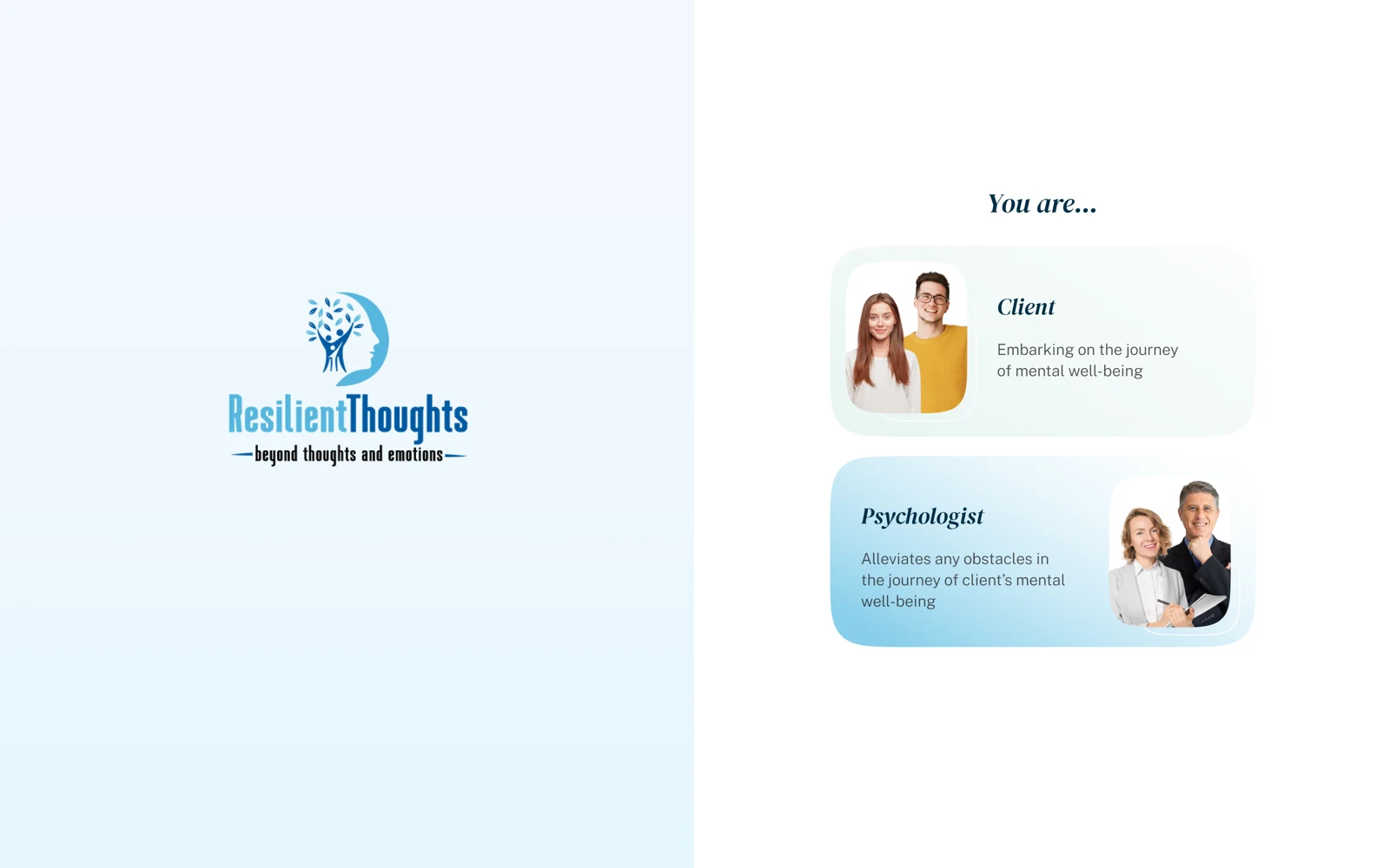 Resilient Thoughts role selection screen for client and psychologist entry