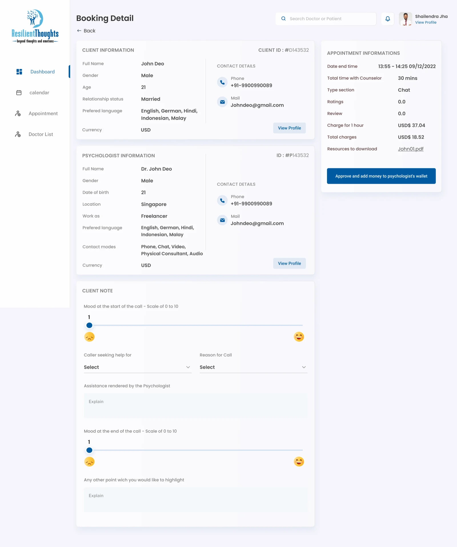 Resilient Thoughts psychologist booking detail screen with appointment information and client notes