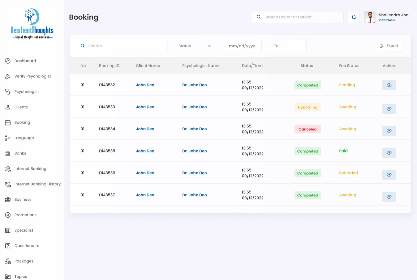 Resilient Thoughts psychologist booking management screen