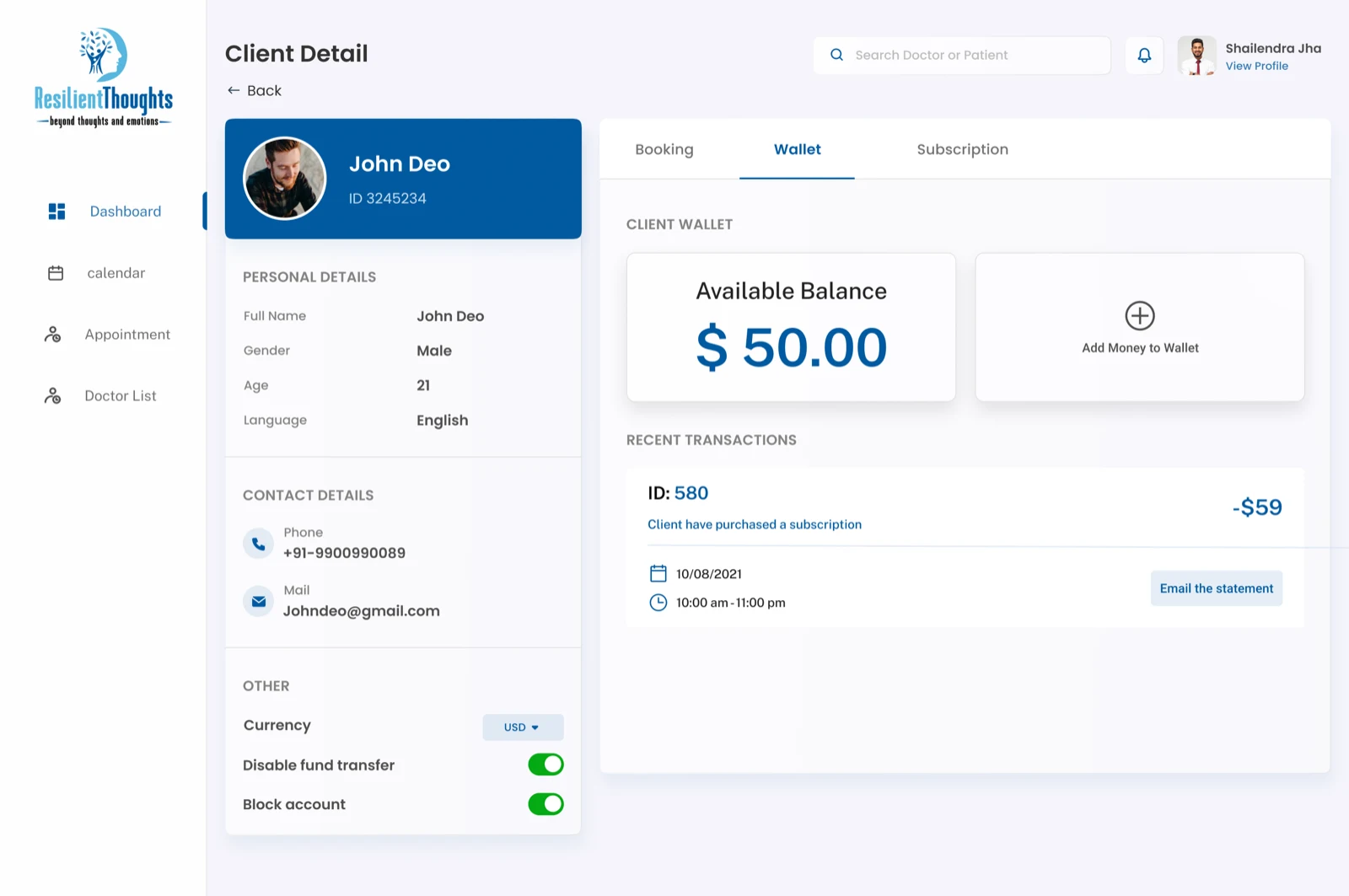 Resilient Thoughts psychologist client detail screen with wallet and subscription tabs