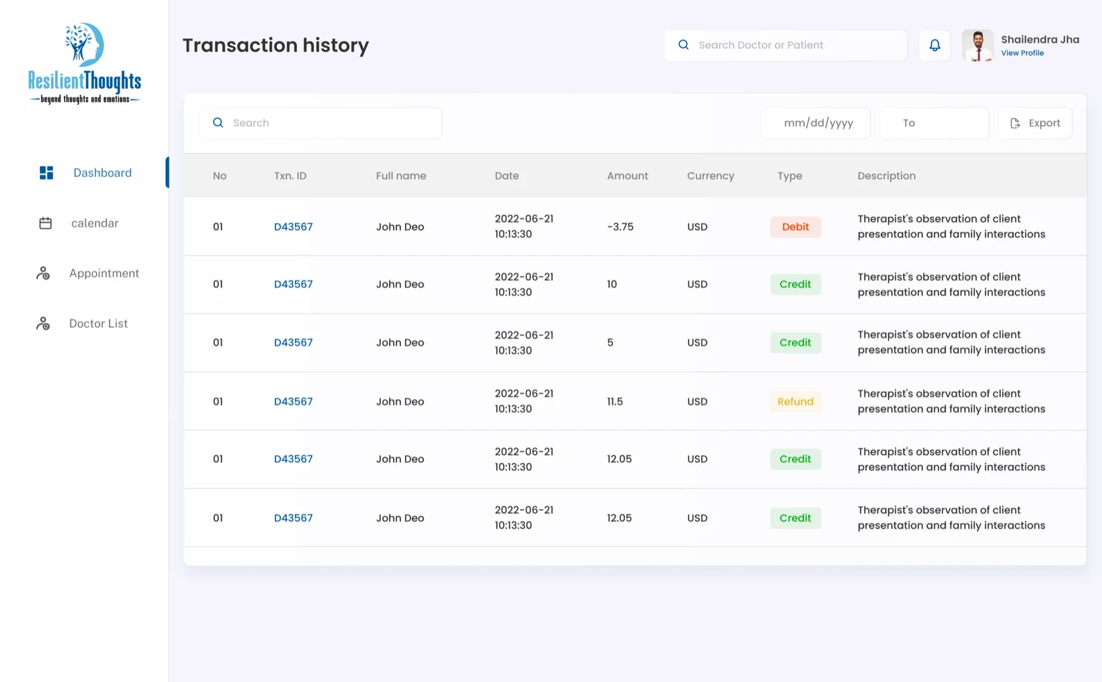 Resilient Thoughts psychologist transaction history screen with payment records