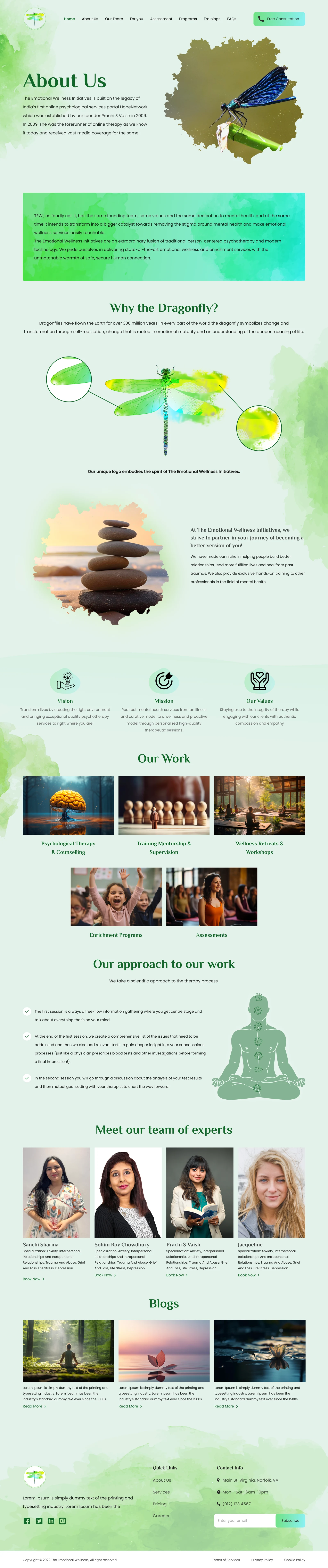 The Emotional Wellness Initiatives about page with mission, values, team highlights, and service-led storytelling