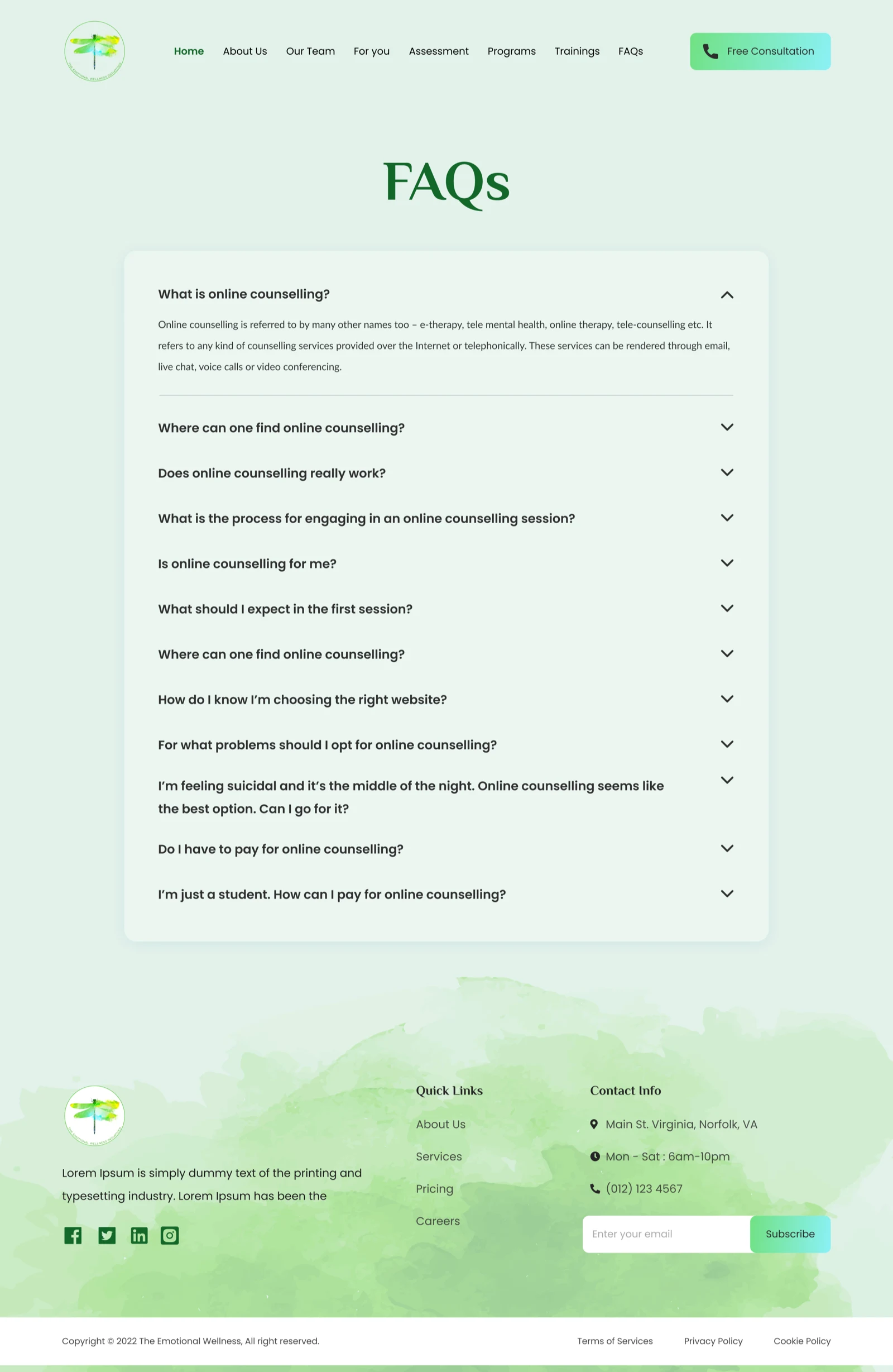 The Emotional Wellness Initiatives FAQ page with accordion sections designed to reduce hesitation before consultation