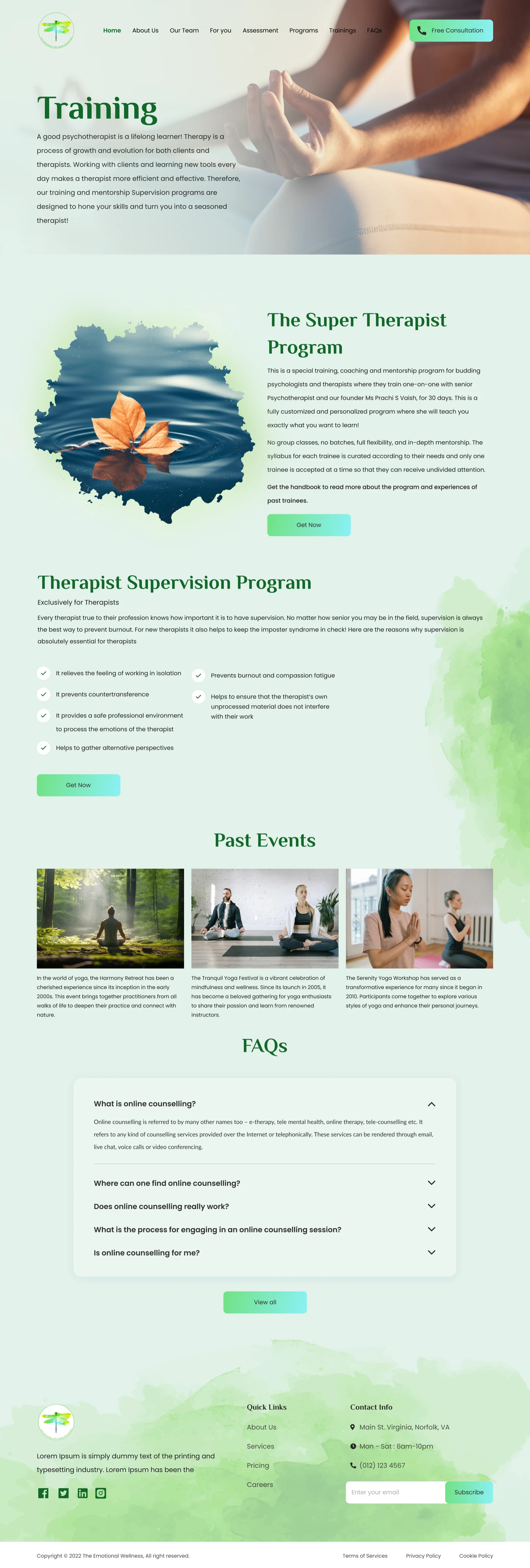The Emotional Wellness Initiatives training page outlining therapist supervision programs, events, and embedded FAQs